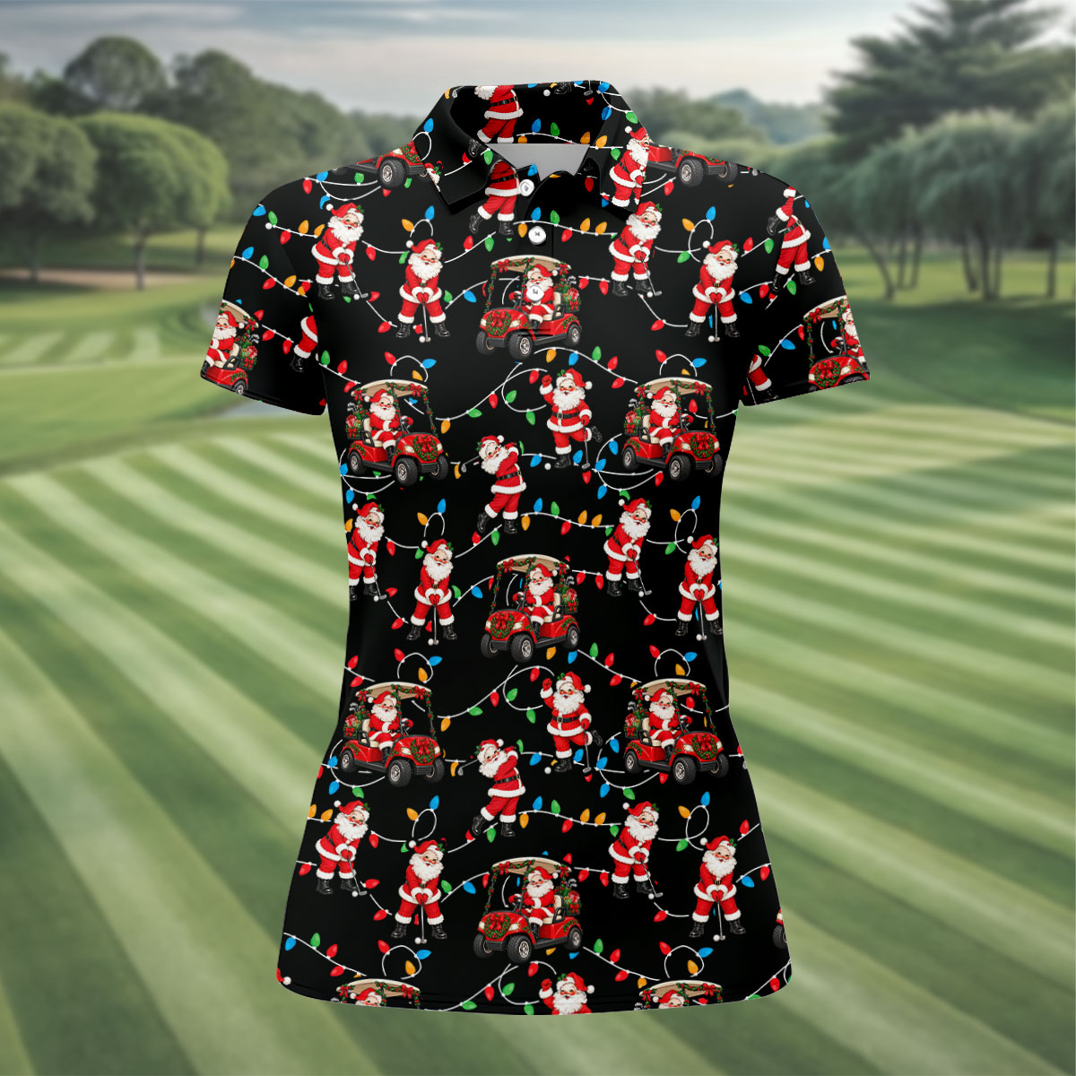Santa Golf Cart Lights Christmas Golf Shirt, Ladies Golf Apparel, Womens Golf Apparel