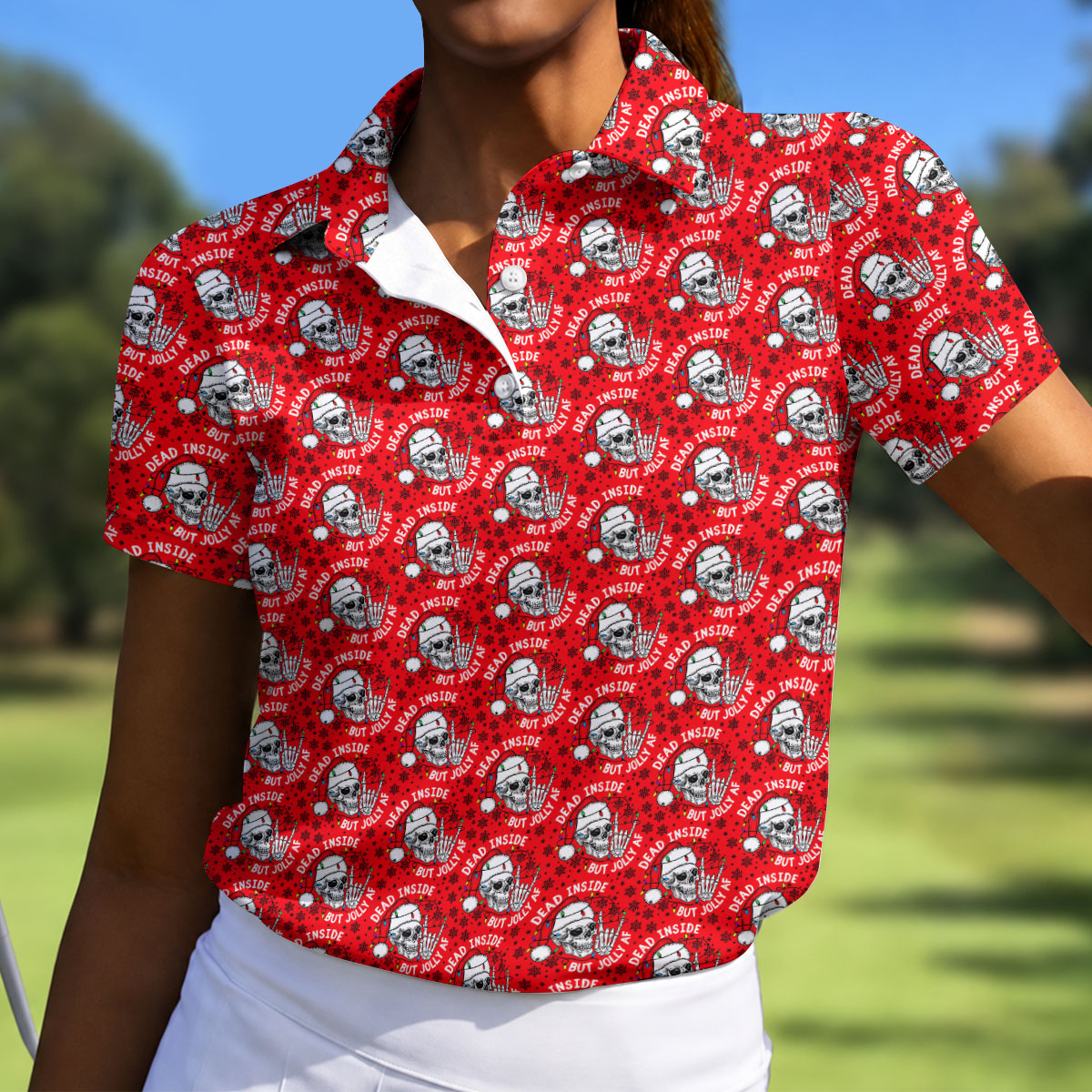 Dead Inside But Jolly AF Christmas Golf Shirt, Ladies Golf Shirts, Womens Golf Shirts