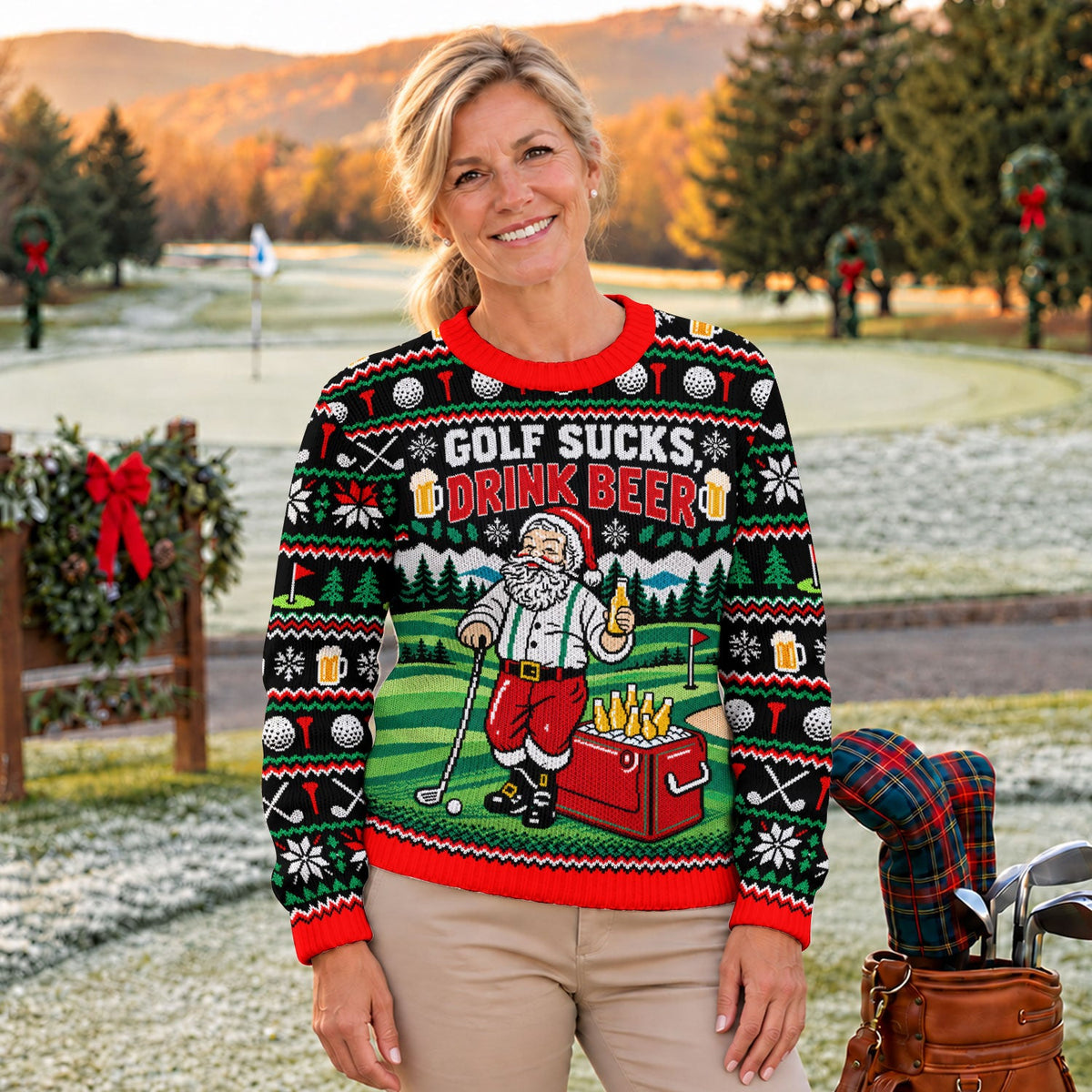 Golf Sucks Drink Beer Ugly Christmas Sweater, Christmas Golf Gift, Funny Xmas Gift