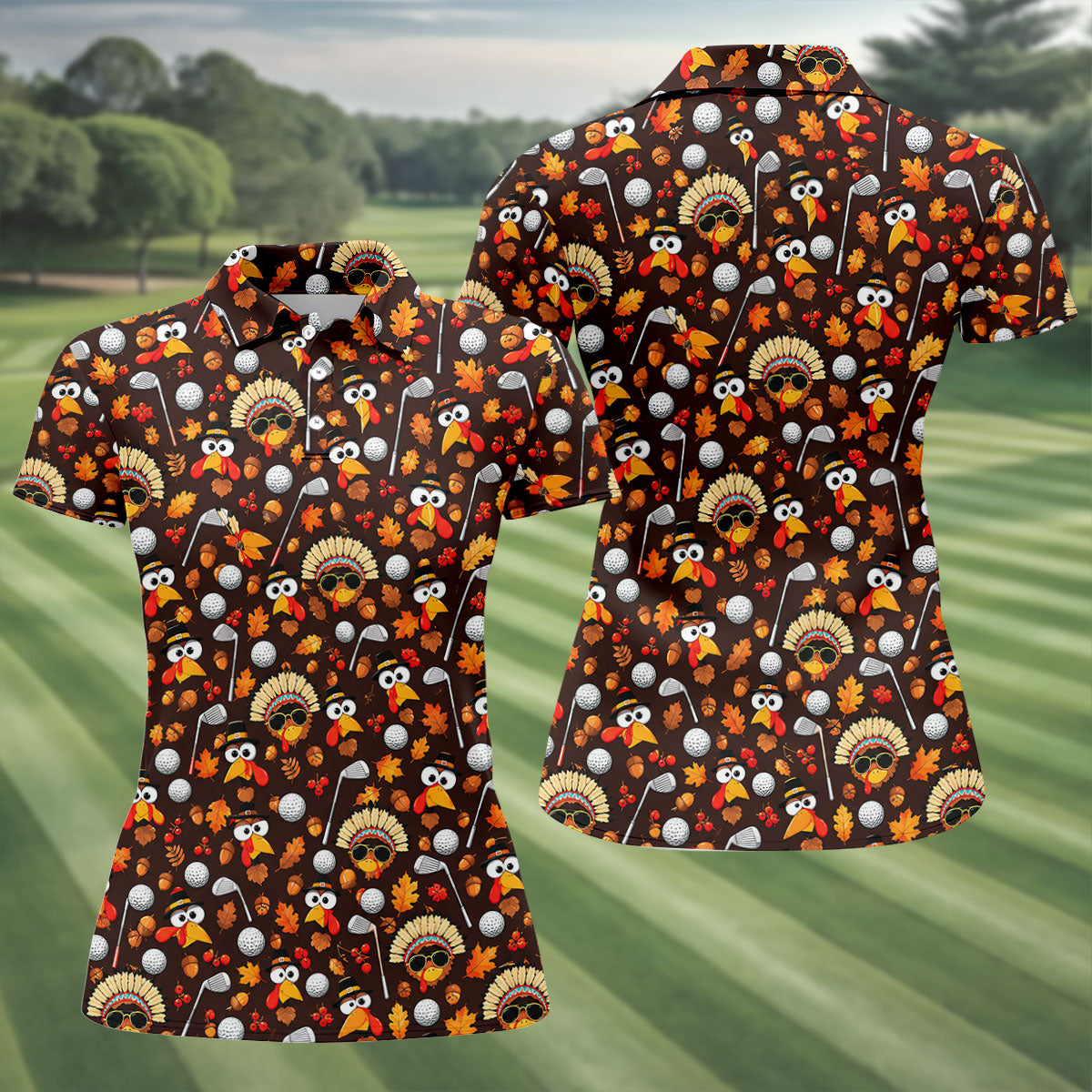 Golf Turkey Pattern Thanksgiving Golf Shirt, Womens Golf Tops, Ladies Golf Shirts