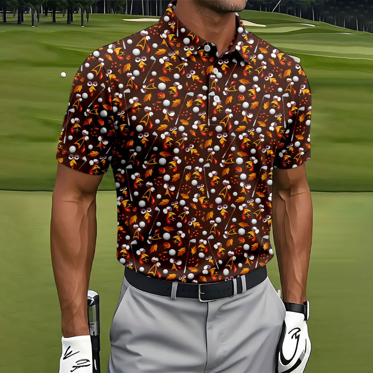 Golf Balls Turkey Fall Thanksgiving Golf Shirt, Mens Golf Shirts, Mens Golf Apparel