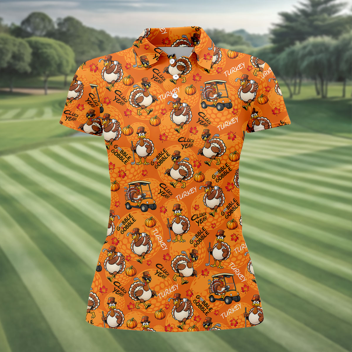 Turkey Golf Cart Thanksgiving Golf Shirt, Golf Shirts For Women, Womens Golf Clothing