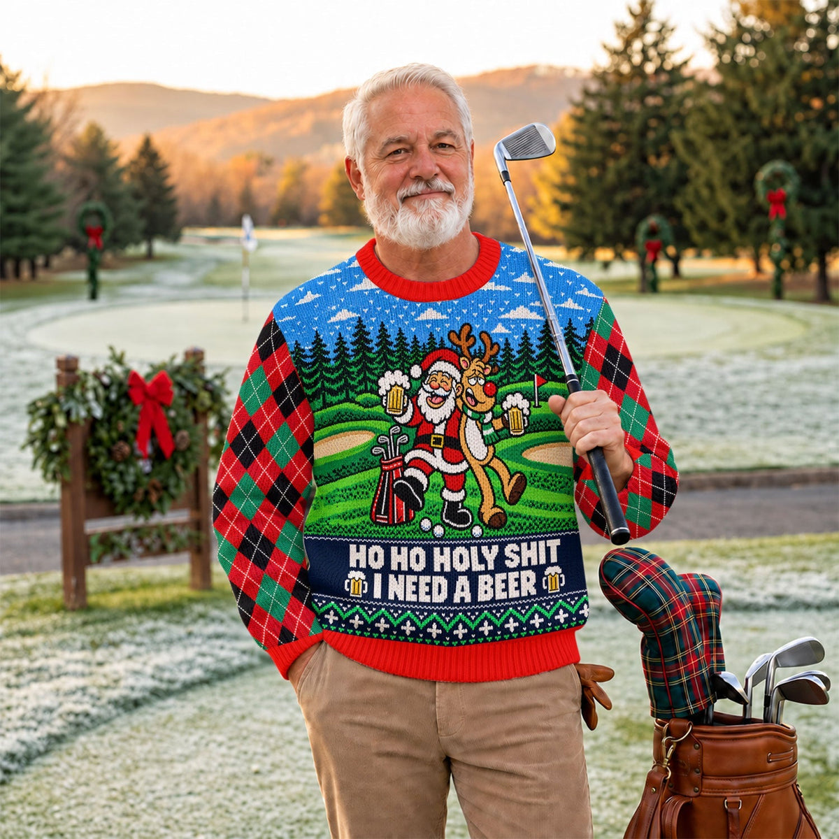 Santa Reindeer Beer Ugly Christmas Sweater, Christmas Golf Gift, Golf Lover Gifts