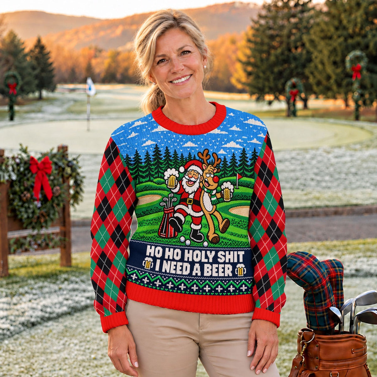 Santa Reindeer Beer Ugly Christmas Sweater, Christmas Golf Gift, Golf Lover Gifts