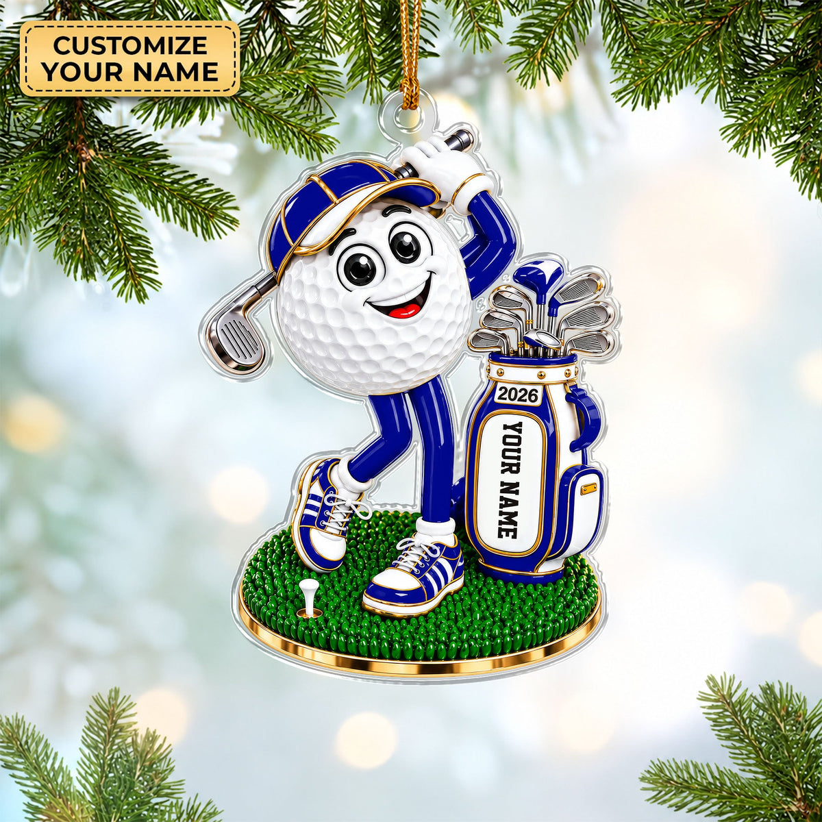 Custom Name Golf Ball Mascot Acrylic Ornament, Christmas Ornaments, Gifts For Golfers