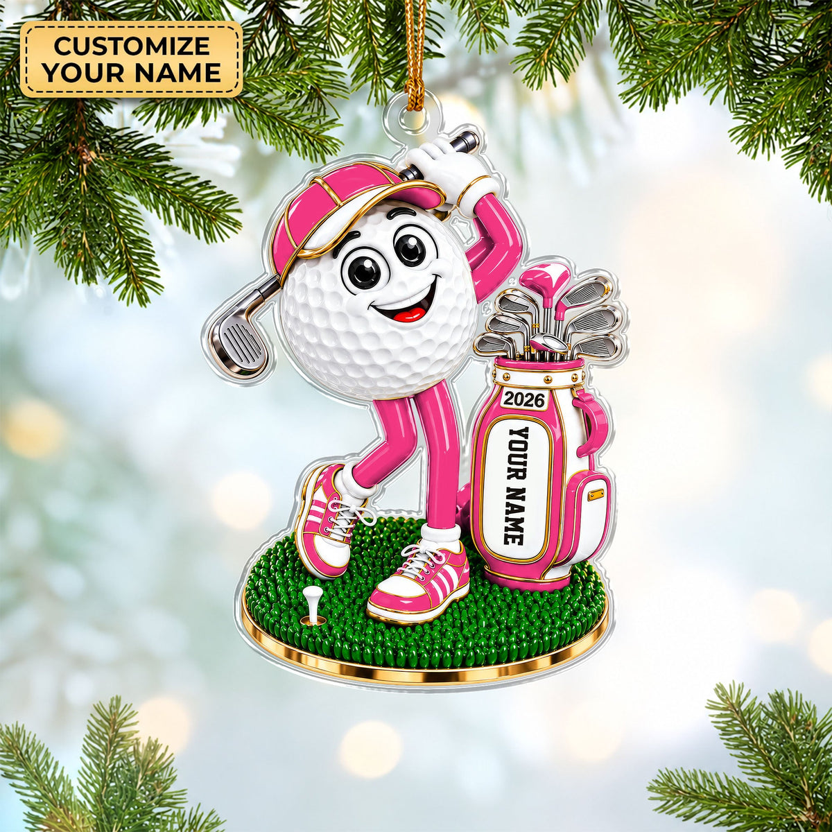 Custom Name Golf Ball Mascot Acrylic Ornament, Christmas Ornaments, Gifts For Golfers