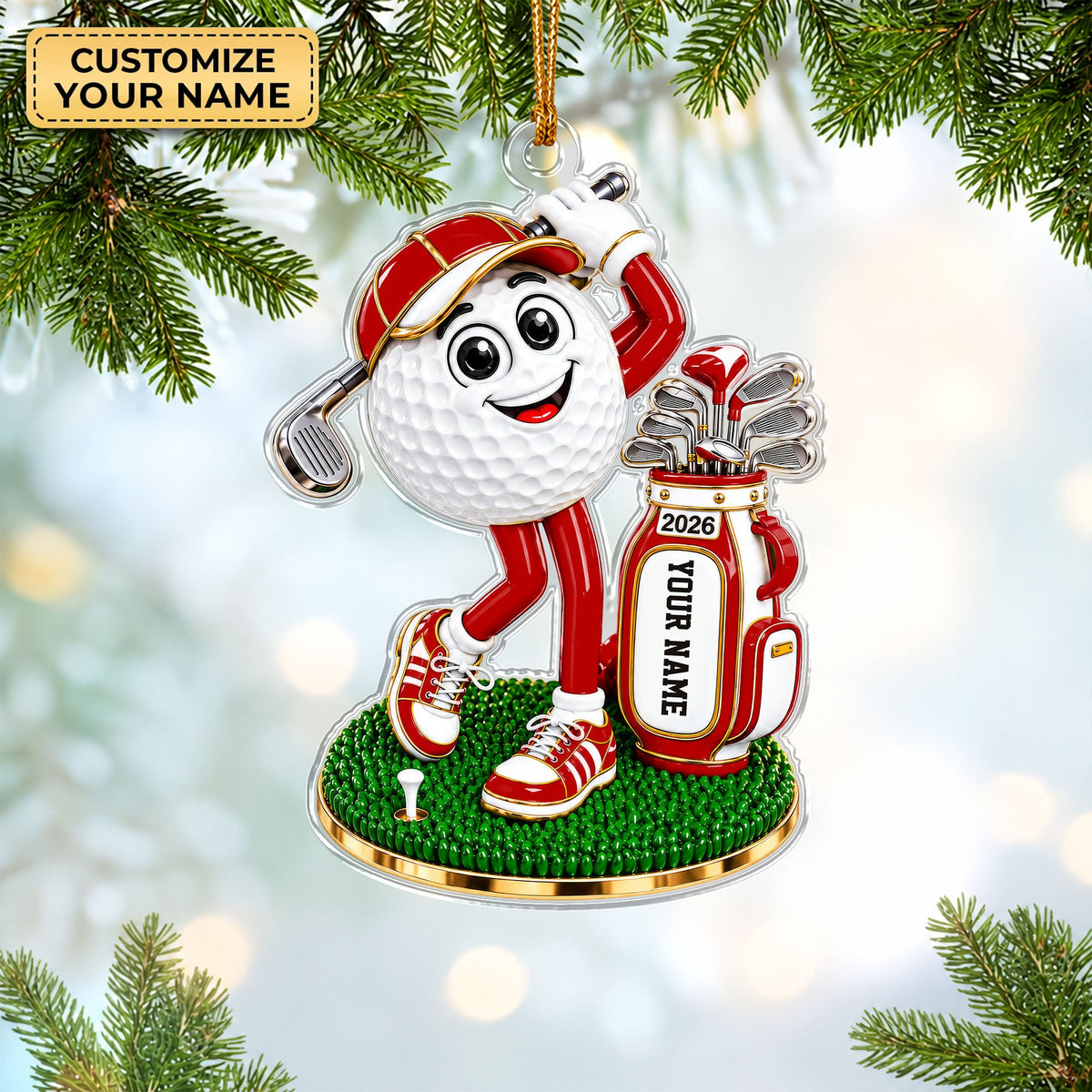 Custom Name Golf Ball Mascot Acrylic Ornament, Christmas Ornaments, Gifts For Golfers