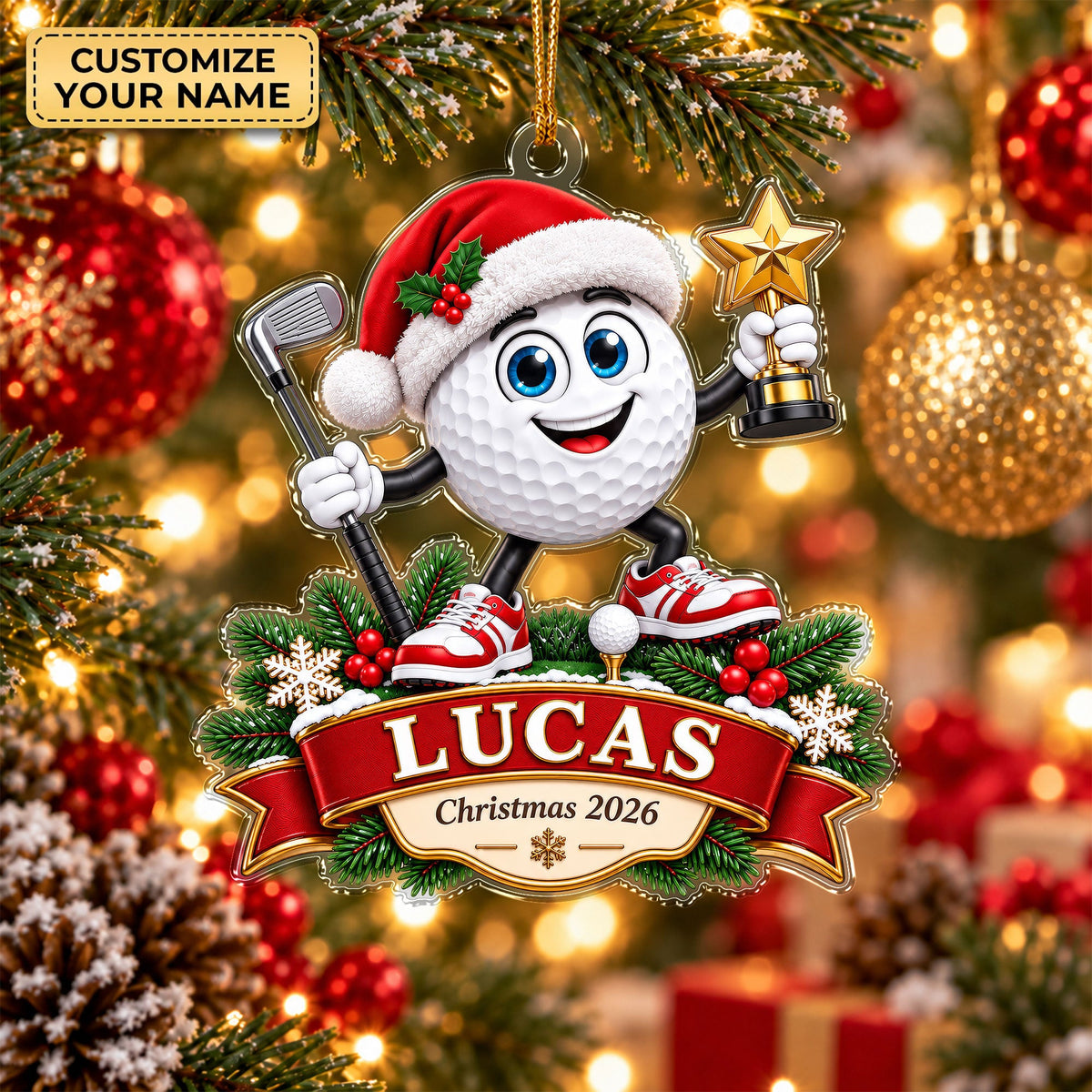 Custom Golf Ball Santa Acrylic Ornament, Christmas Decorations, Golf Ball Gifts