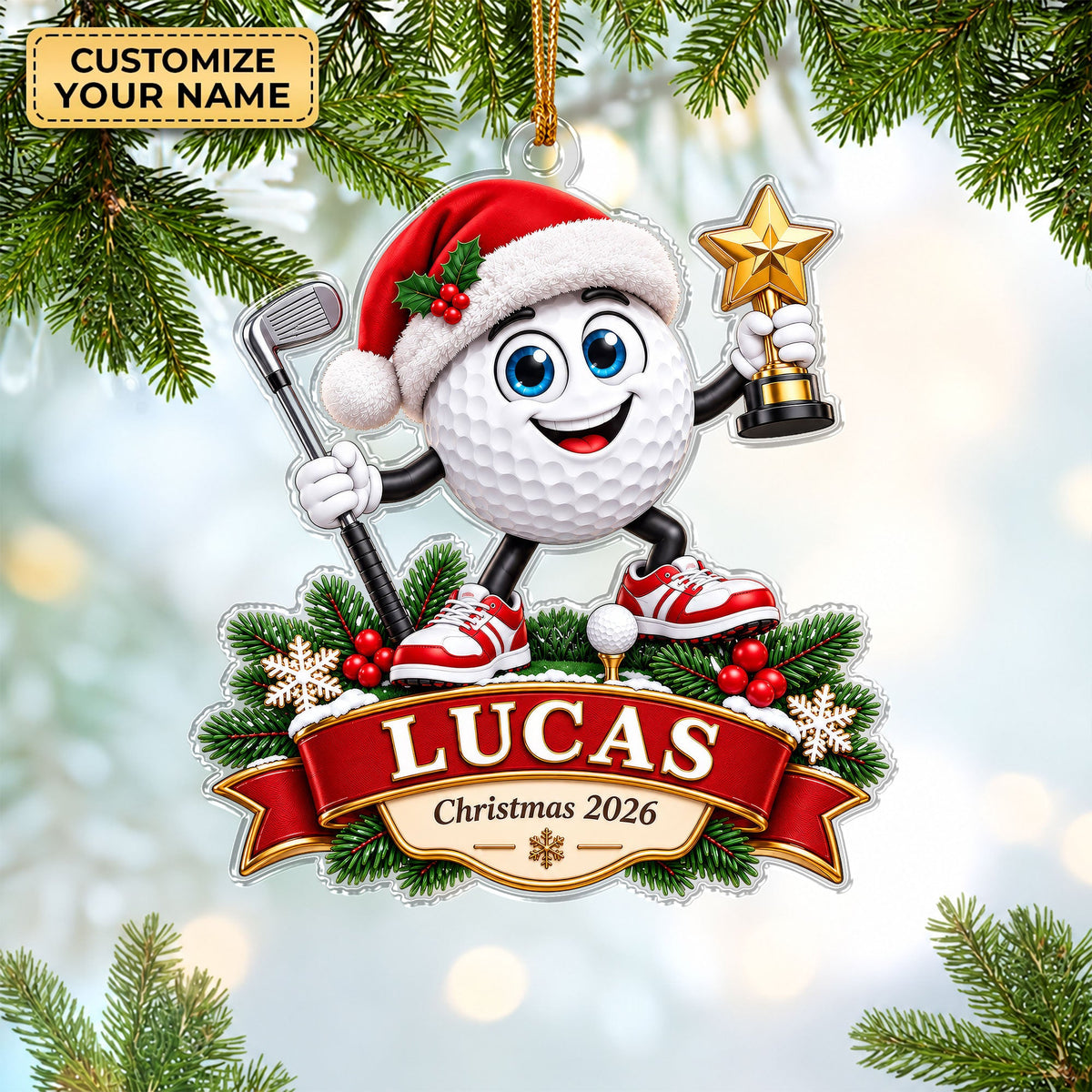 Custom Golf Ball Santa Acrylic Ornament, Christmas Decorations, Golf Ball Gifts