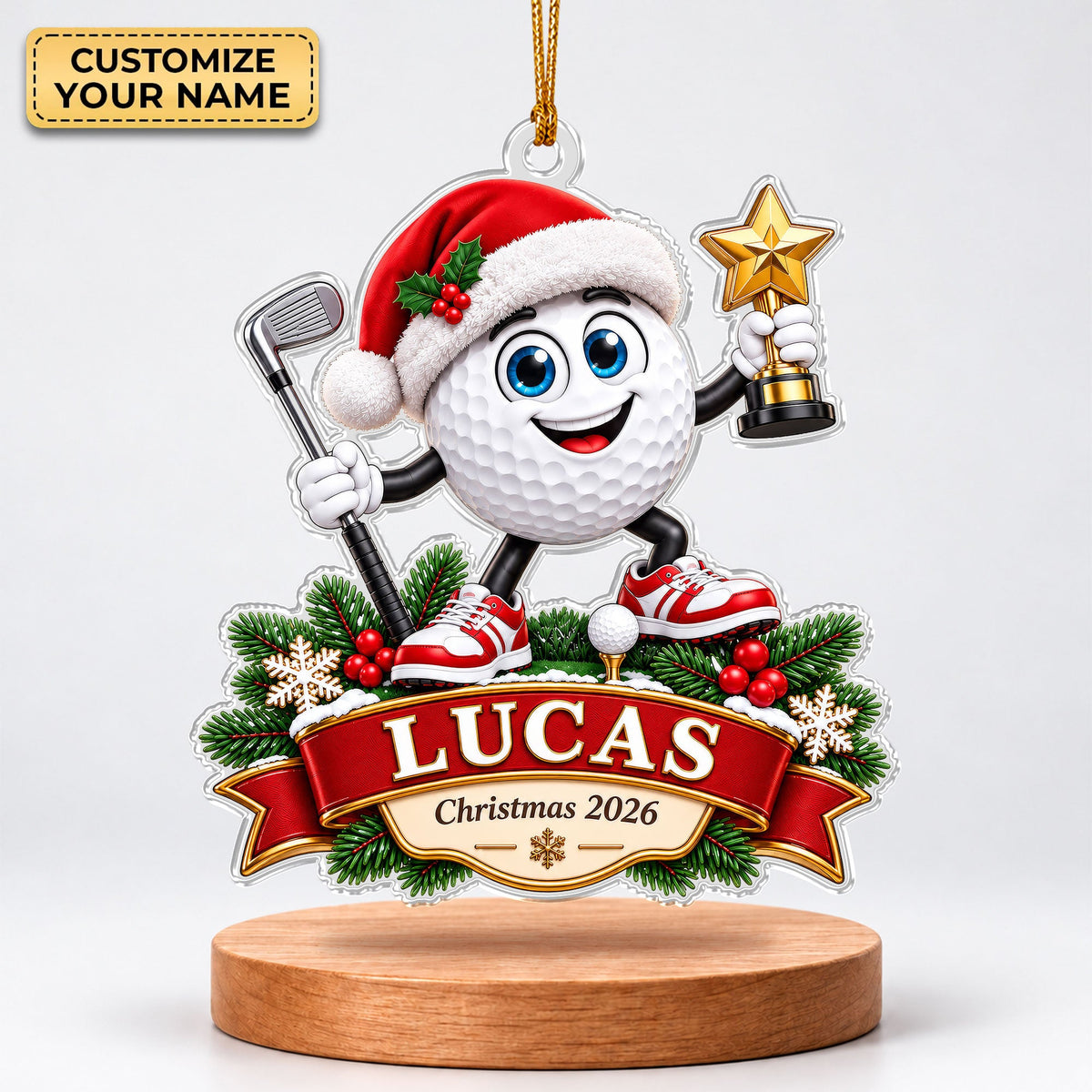 Custom Golf Ball Santa Acrylic Ornament, Christmas Decorations, Golf Ball Gifts