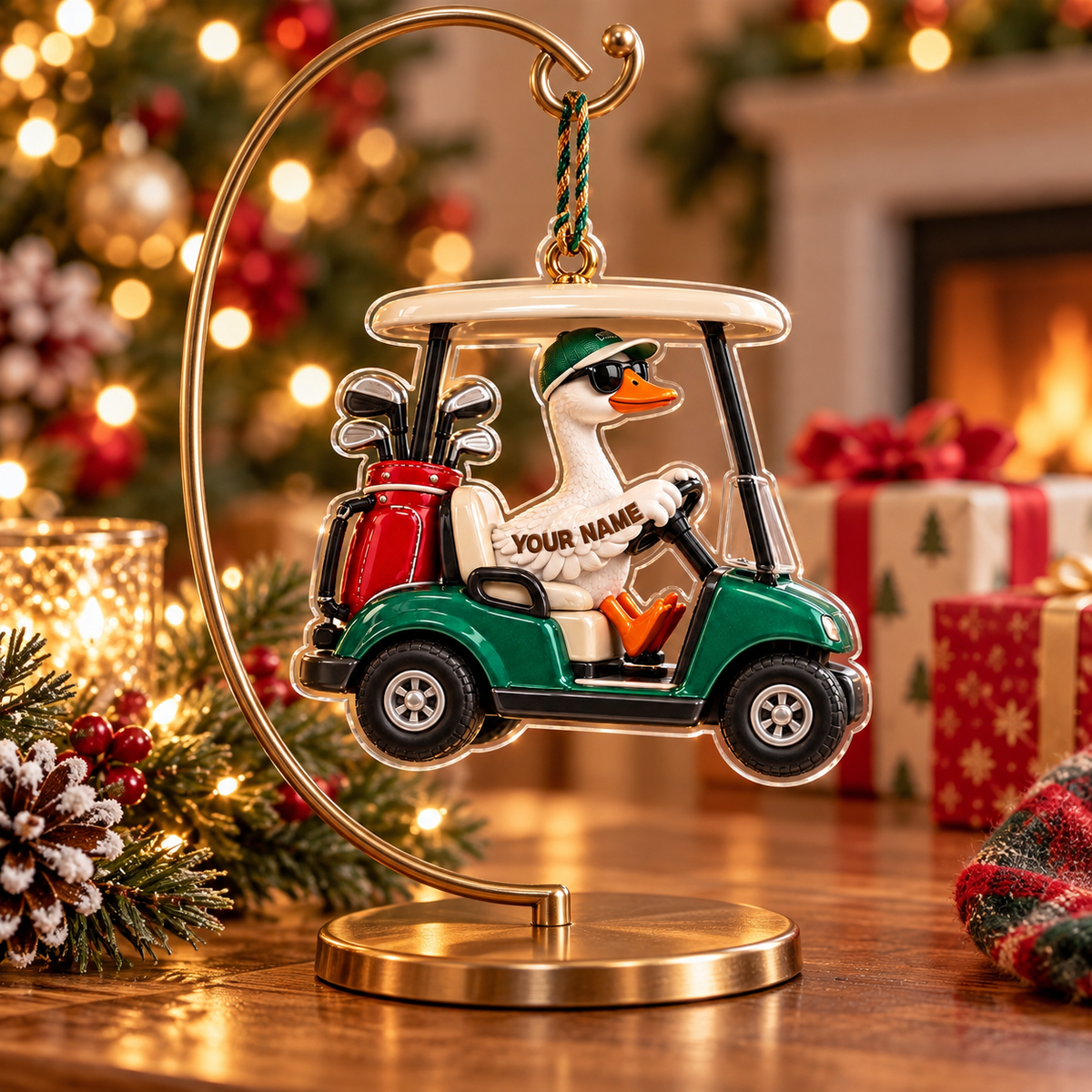 Custom Name Goose Golf Cart Acrylic Ornament, Christmas Tree Decor, Golf Lover Gifts