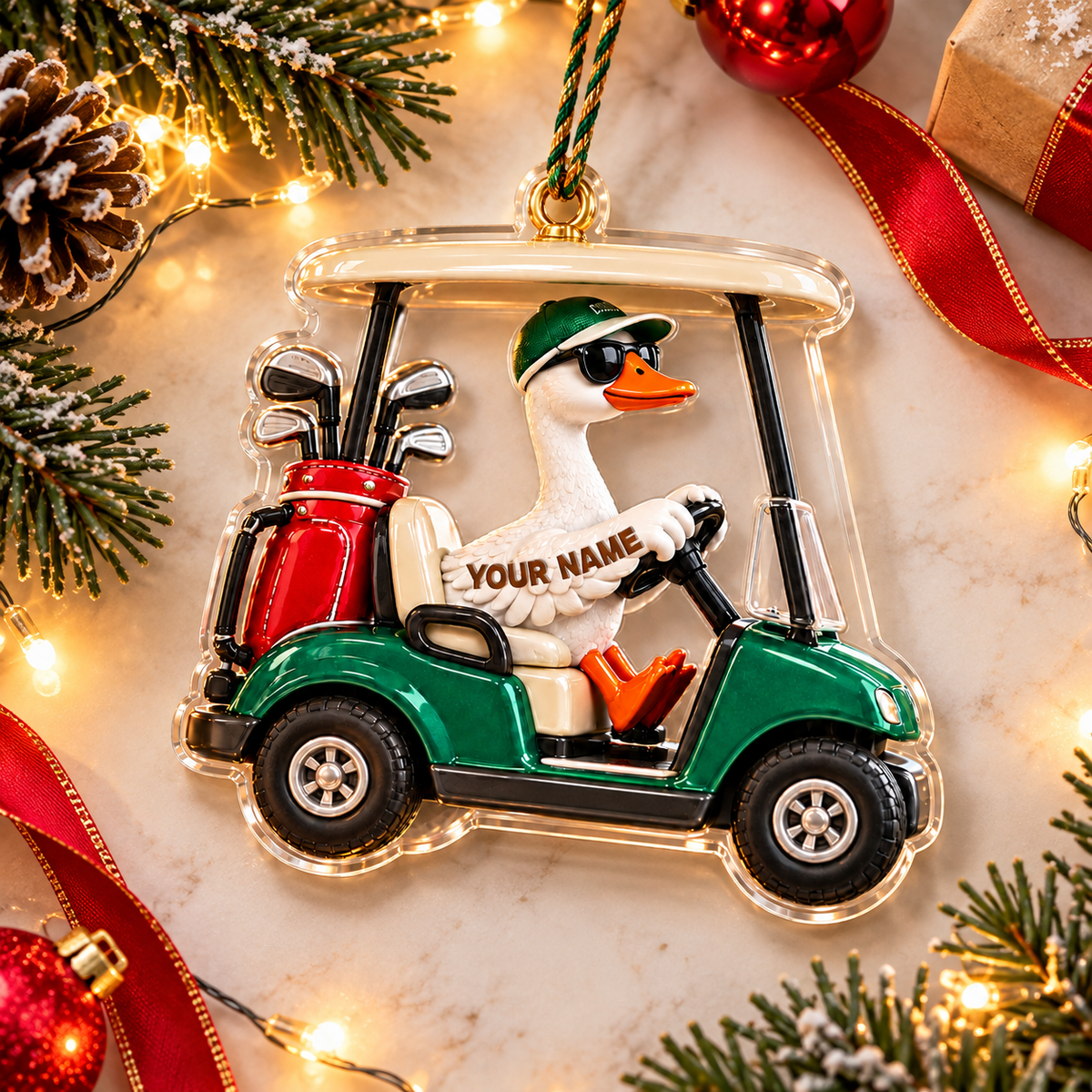 Custom Name Goose Golf Cart Acrylic Ornament, Christmas Tree Decor, Golf Lover Gifts
