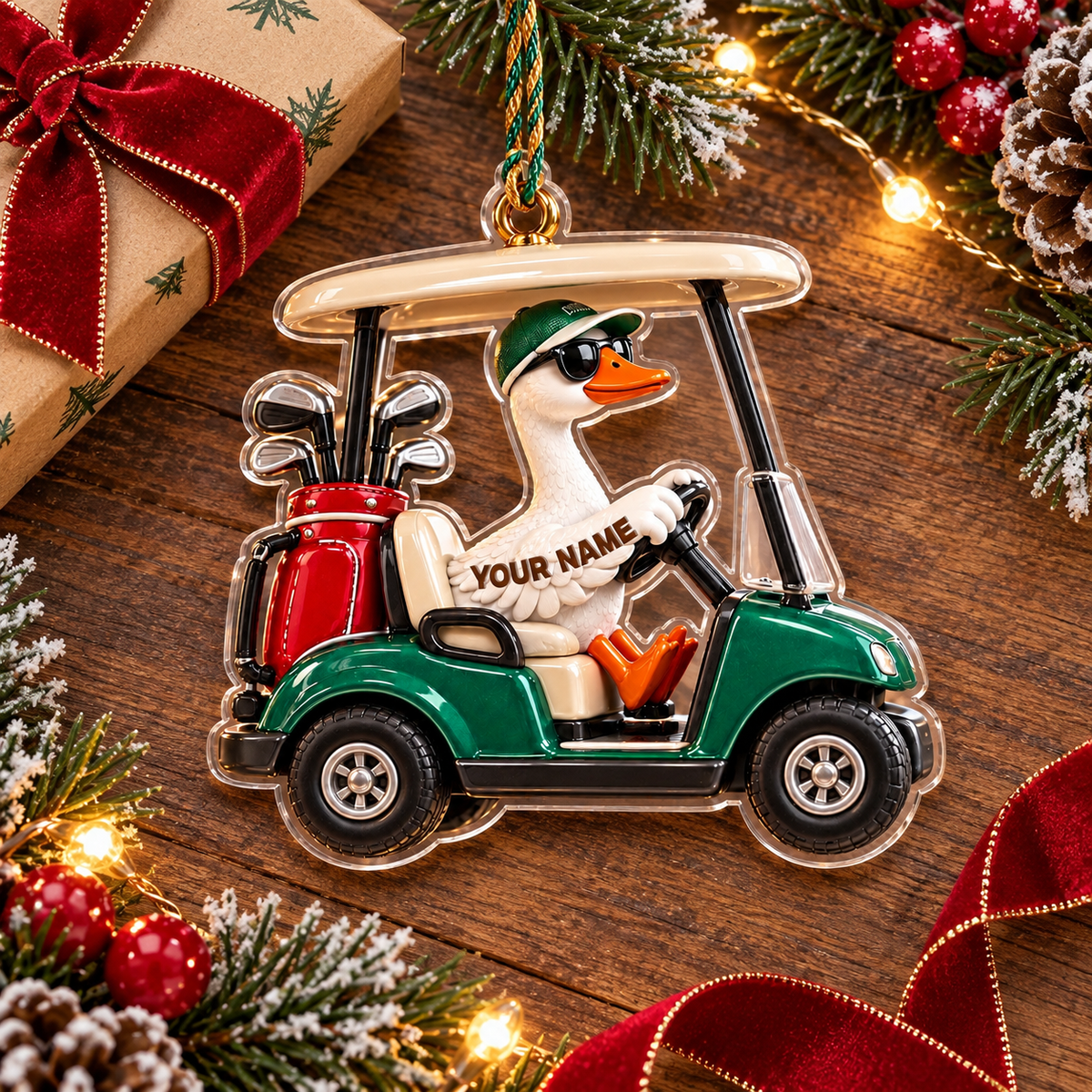 Custom Name Goose Golf Cart Acrylic Ornament, Christmas Tree Decor, Golf Lover Gifts