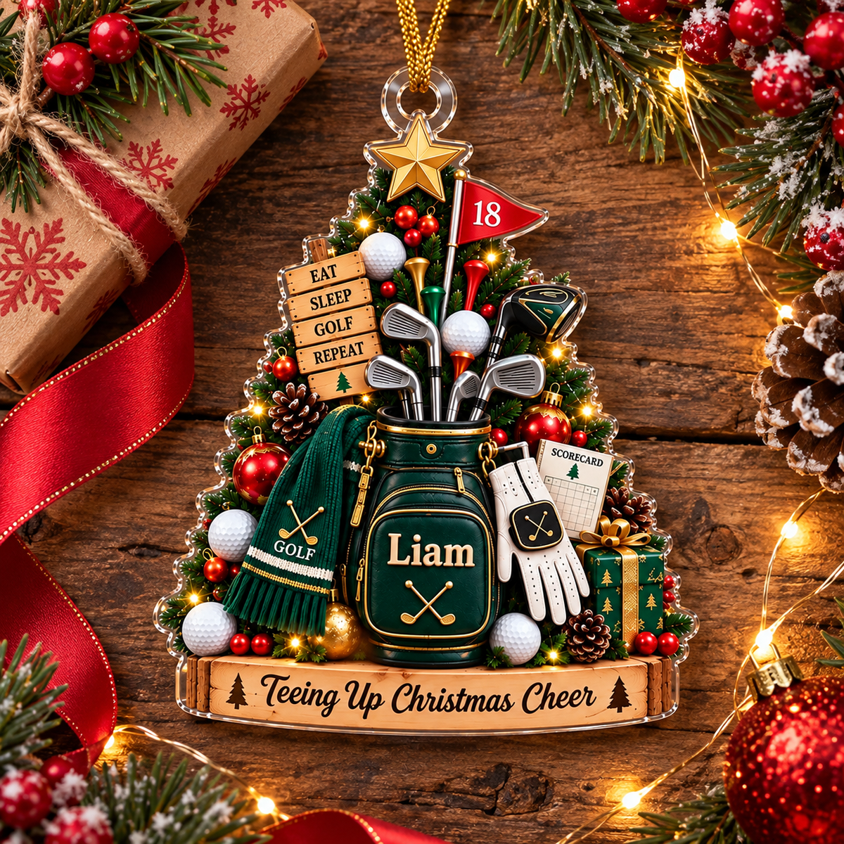 Custom Name Teeing Up Christmas Cheer Acrylic Ornament, Christmas Gifts, Golf Gifts