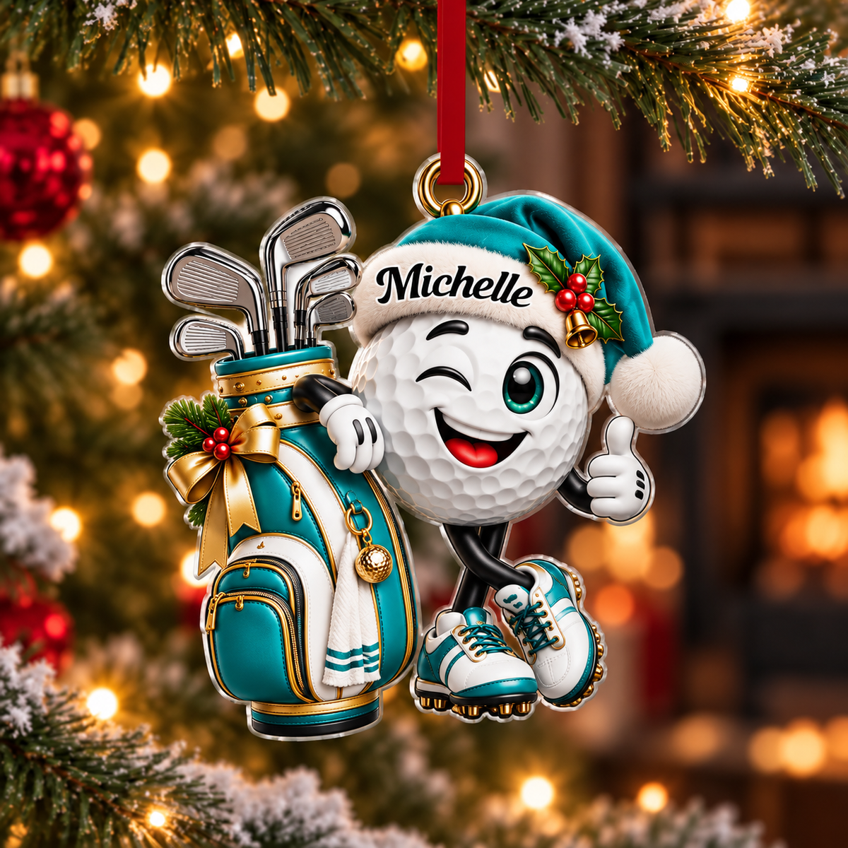 Custom Name Golf Ball Santa Hat Acrylic Ornament, Christmas Ornaments, Golfer Gifts