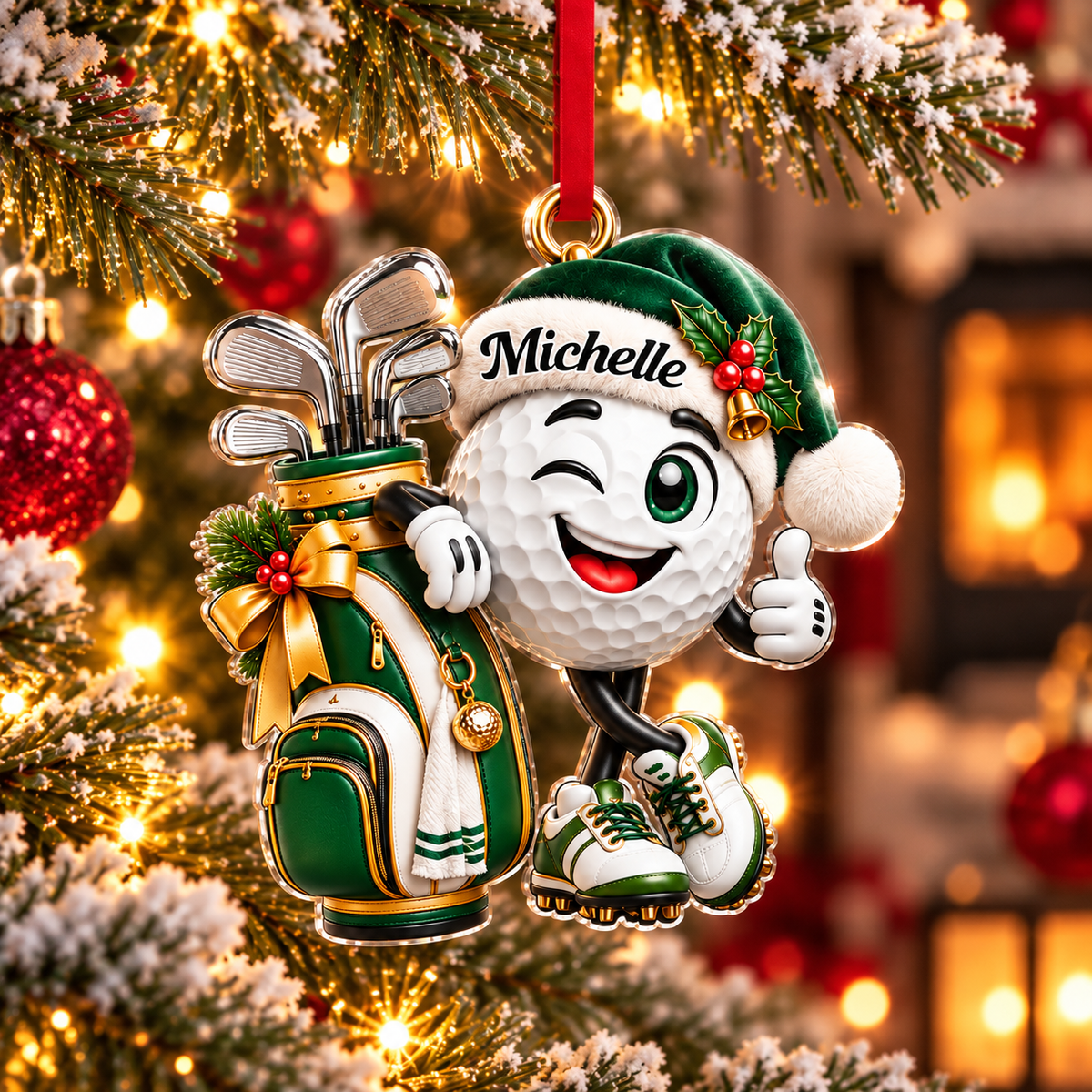 Custom Name Golf Ball Santa Hat Acrylic Ornament, Christmas Ornaments, Golfer Gifts