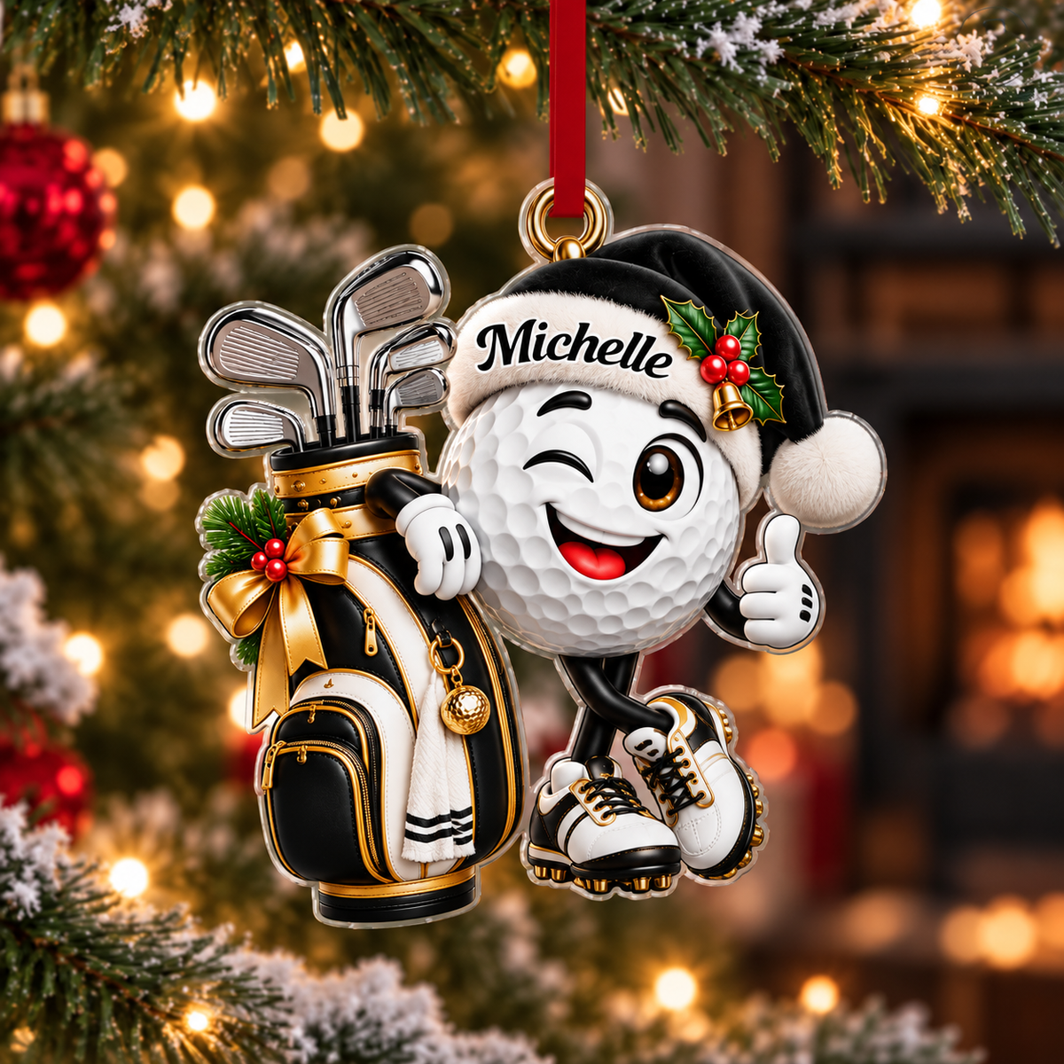 Custom Name Golf Ball Santa Hat Acrylic Ornament, Christmas Ornaments, Golfer Gifts
