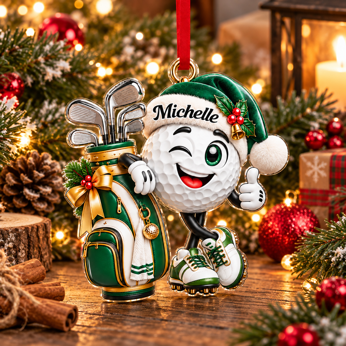 Custom Name Golf Ball Santa Hat Acrylic Ornament, Christmas Ornaments, Golfer Gifts