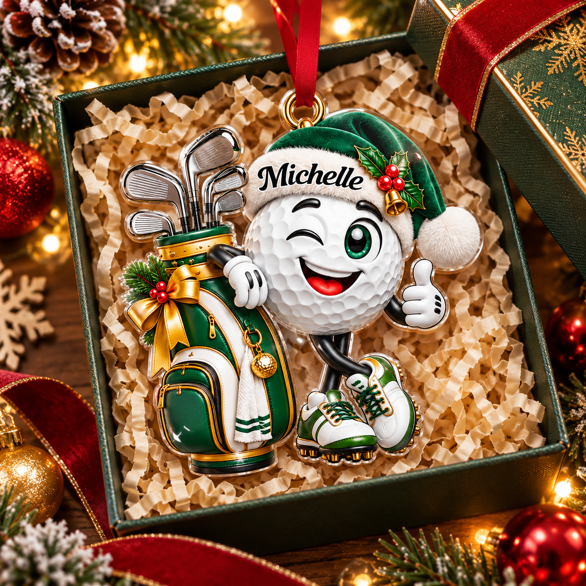 Custom Name Golf Ball Santa Hat Acrylic Ornament, Christmas Ornaments, Golfer Gifts