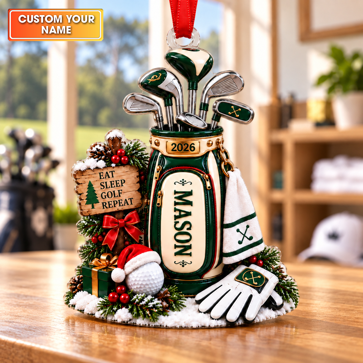 Custom Name Year Eat Sleep Golf Repeat Acrylic Ornament, Christmas Gifts, Golf Gifts