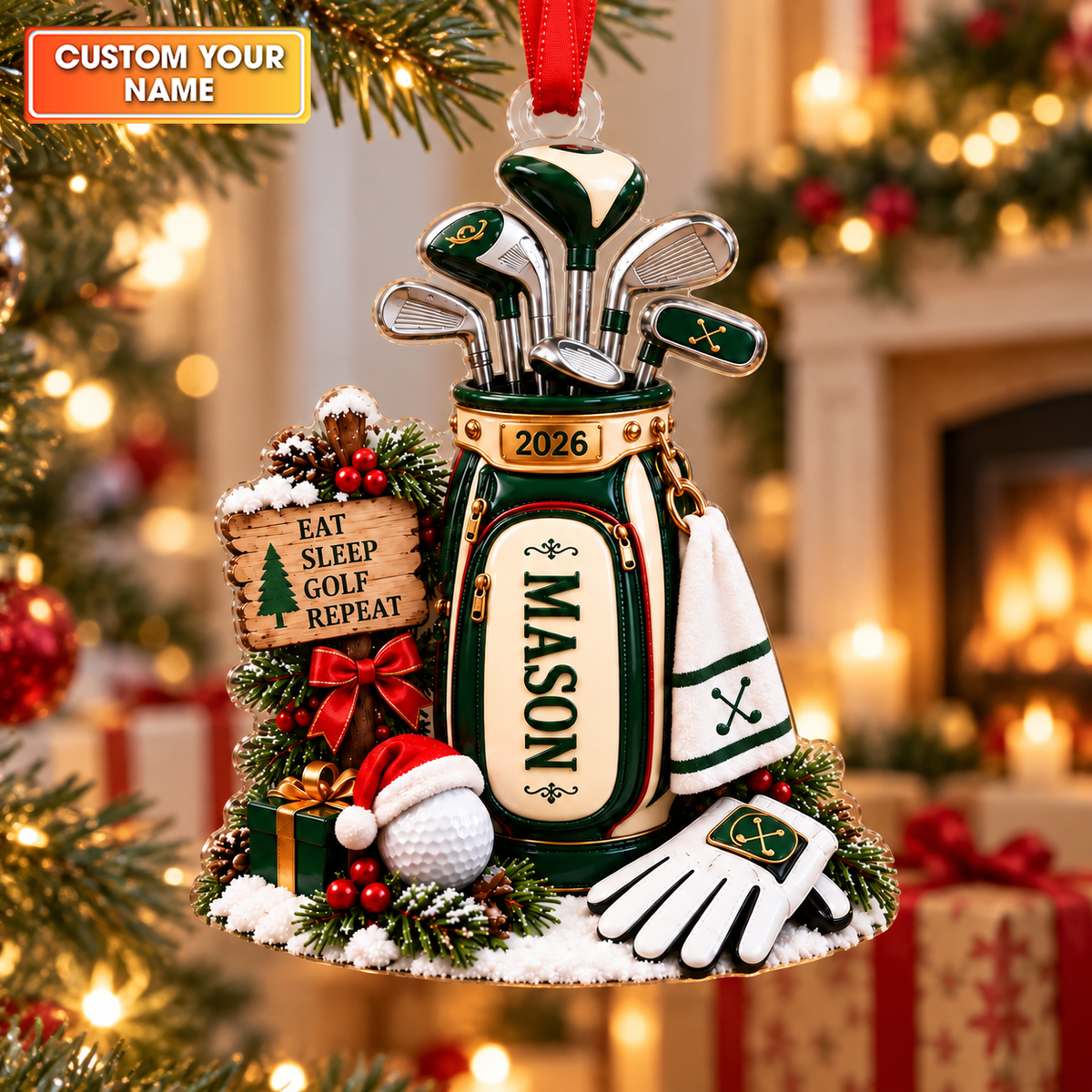 Custom Name Year Eat Sleep Golf Repeat Acrylic Ornament, Christmas Gifts, Golf Gifts