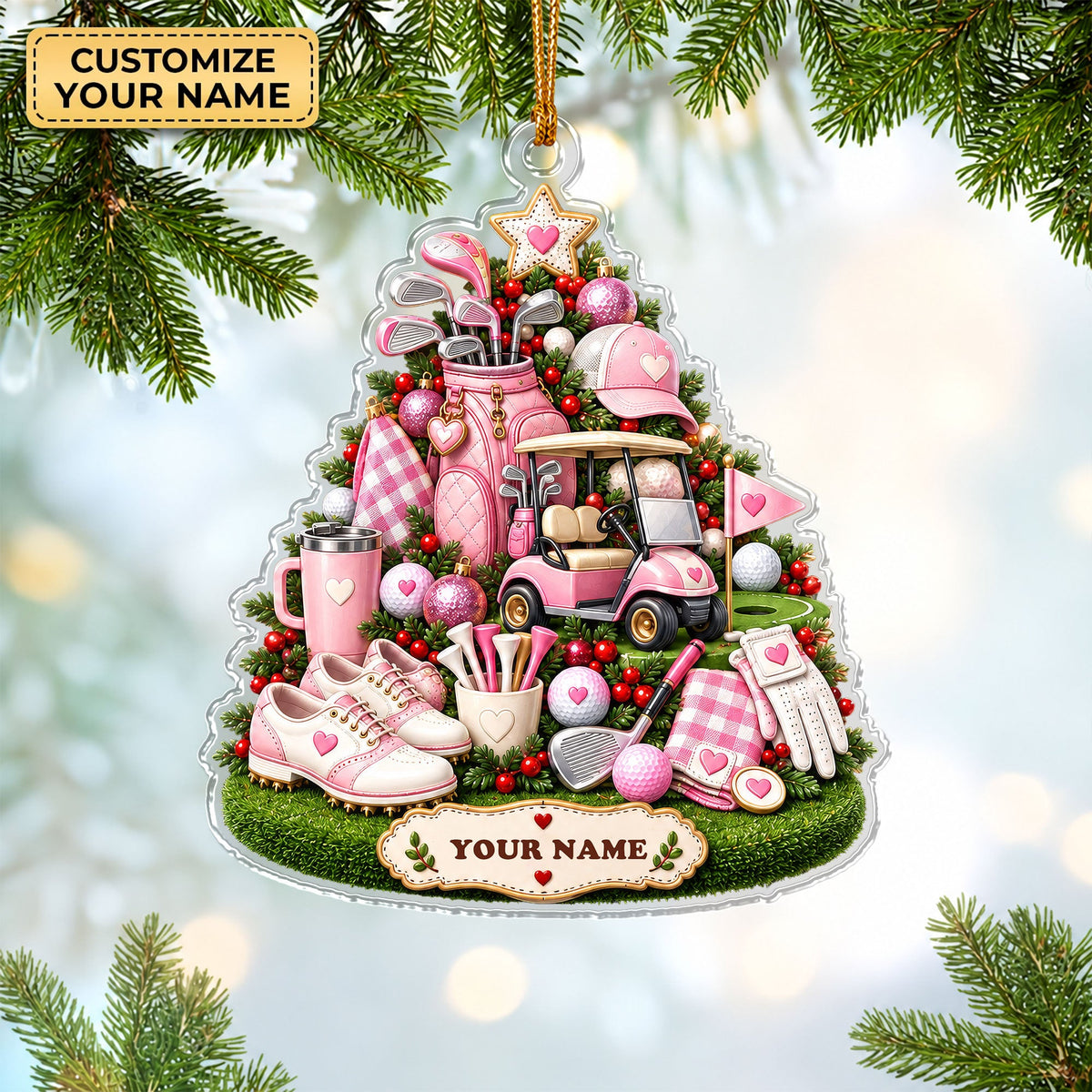 Custom Name Pink Golf Gear Tree Acrylic Ornament, Christmas Tree Decor, Golf Gifts