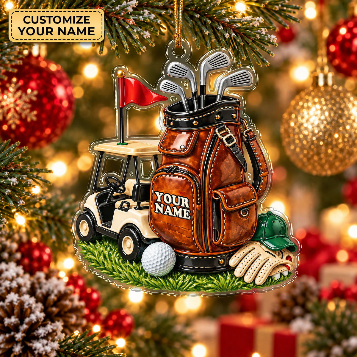 Custom Name Leather Golf Bag Cart Acrylic Ornament, Christmas Gifts, Holiday Keepsake