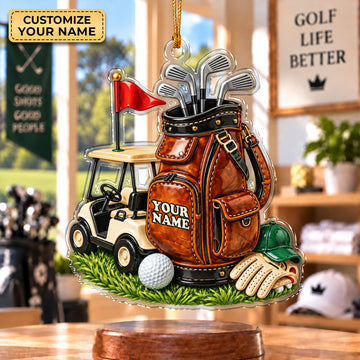 Custom Name Leather Golf Bag Cart Acrylic Ornament, Christmas Gifts, Holiday Keepsake