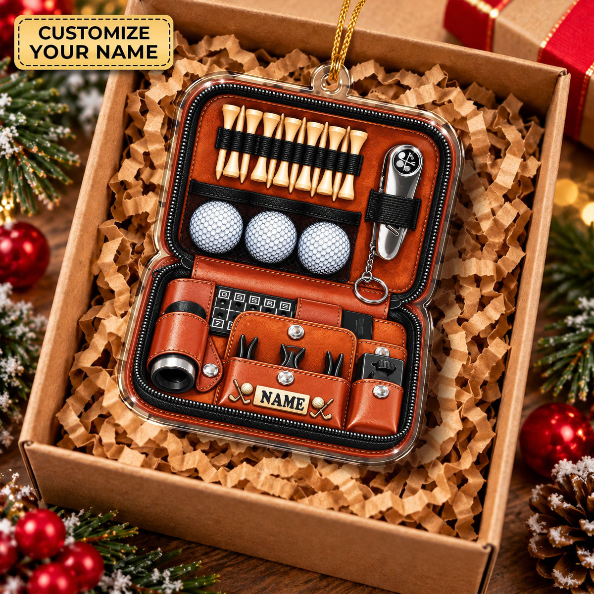 Custom Name Leather Golf Case Acrylic Ornament, Christmas Ornaments, Golfer Gifts