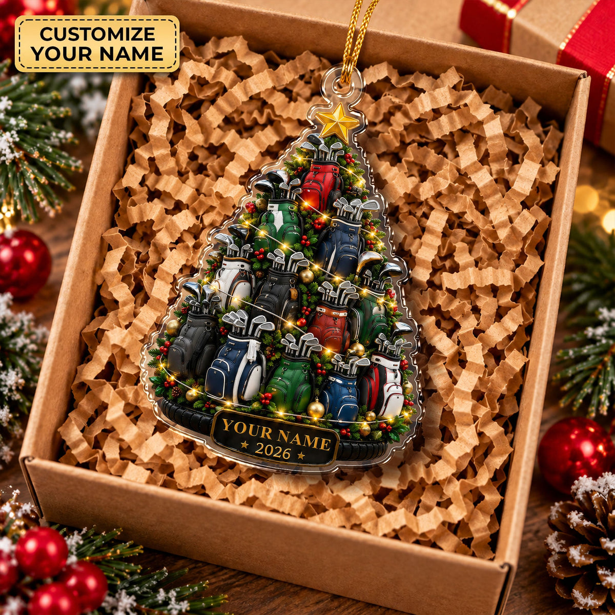 Custom Name Year Golf Bag Tree Acrylic Ornament, Christmas Ornaments, Golfer Gifts