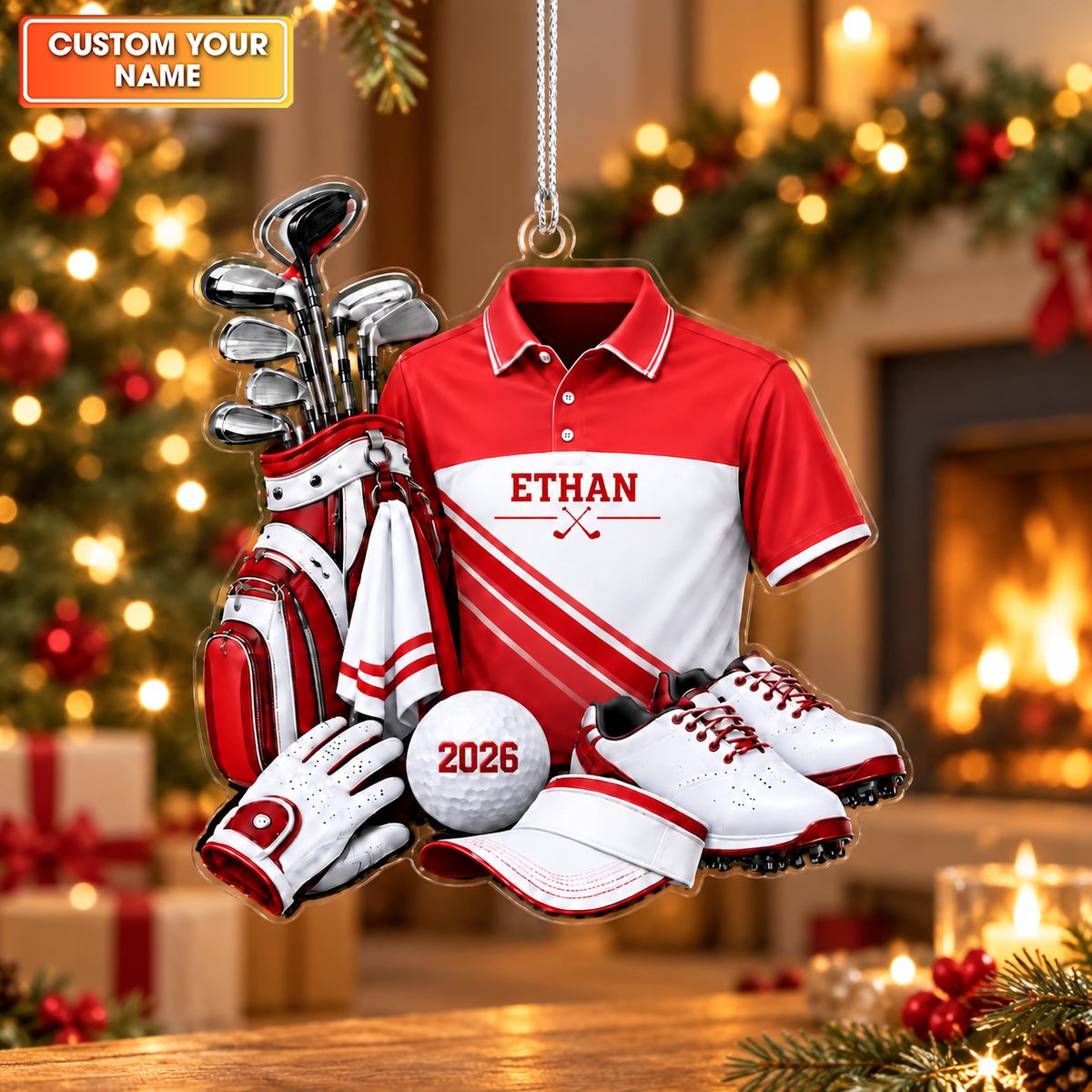 Custom Name Red Golf Shirt And Bag Acrylic Ornament, Christmas Ornaments, Golf Gifts