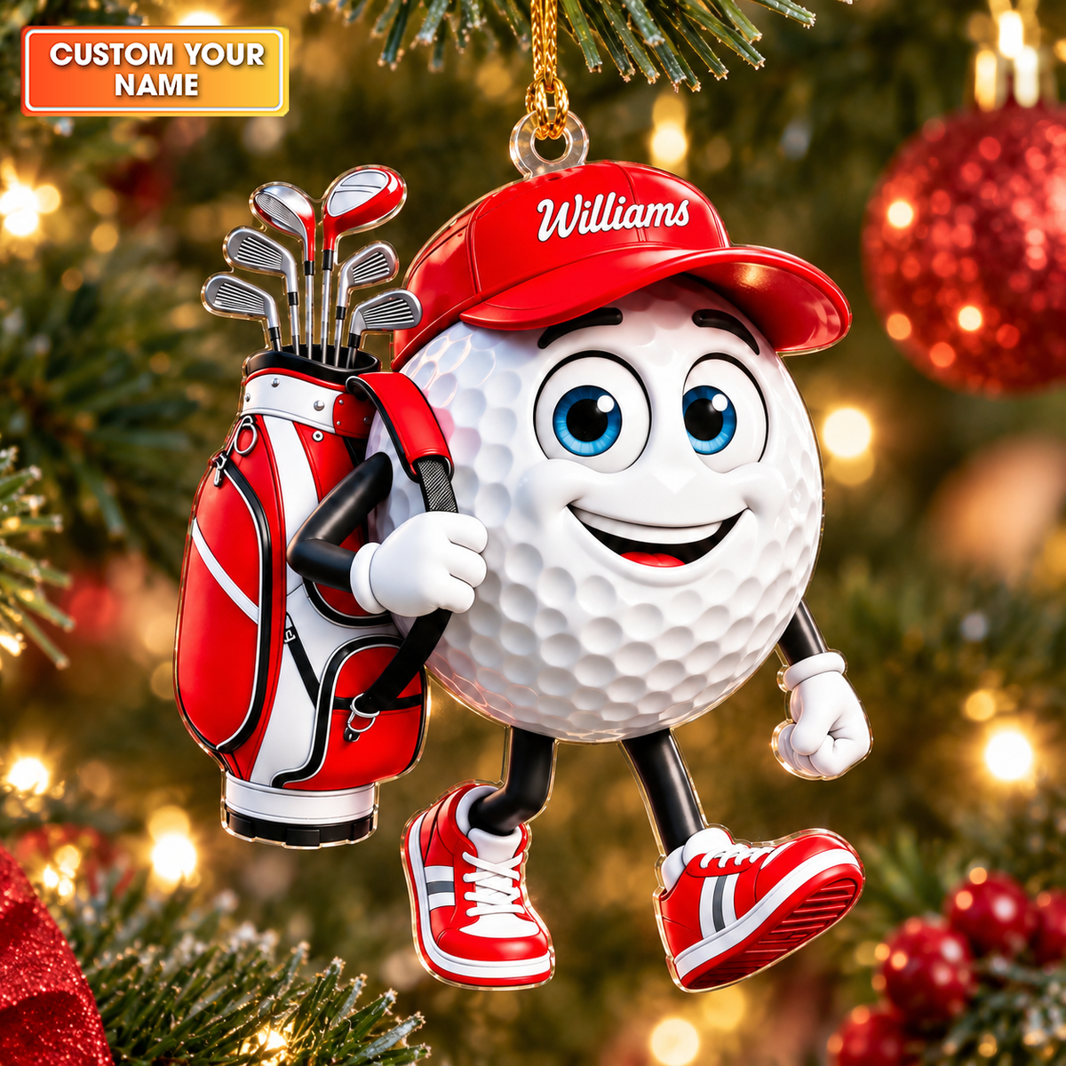 Custom Name Red Walking Golf Ball Acrylic Ornament, Christmas Gifts, Golfer Gifts