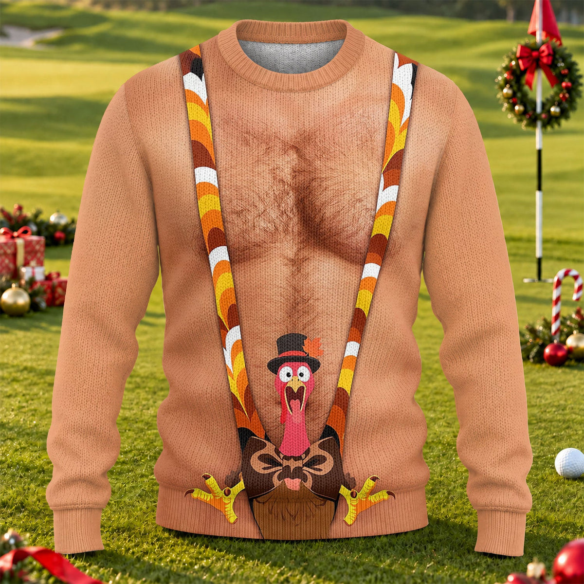 Funny Turkey Suspenders Ugly Christmas Sweater, Thanksgiving Golf Shirt, Golf Lover Gifts