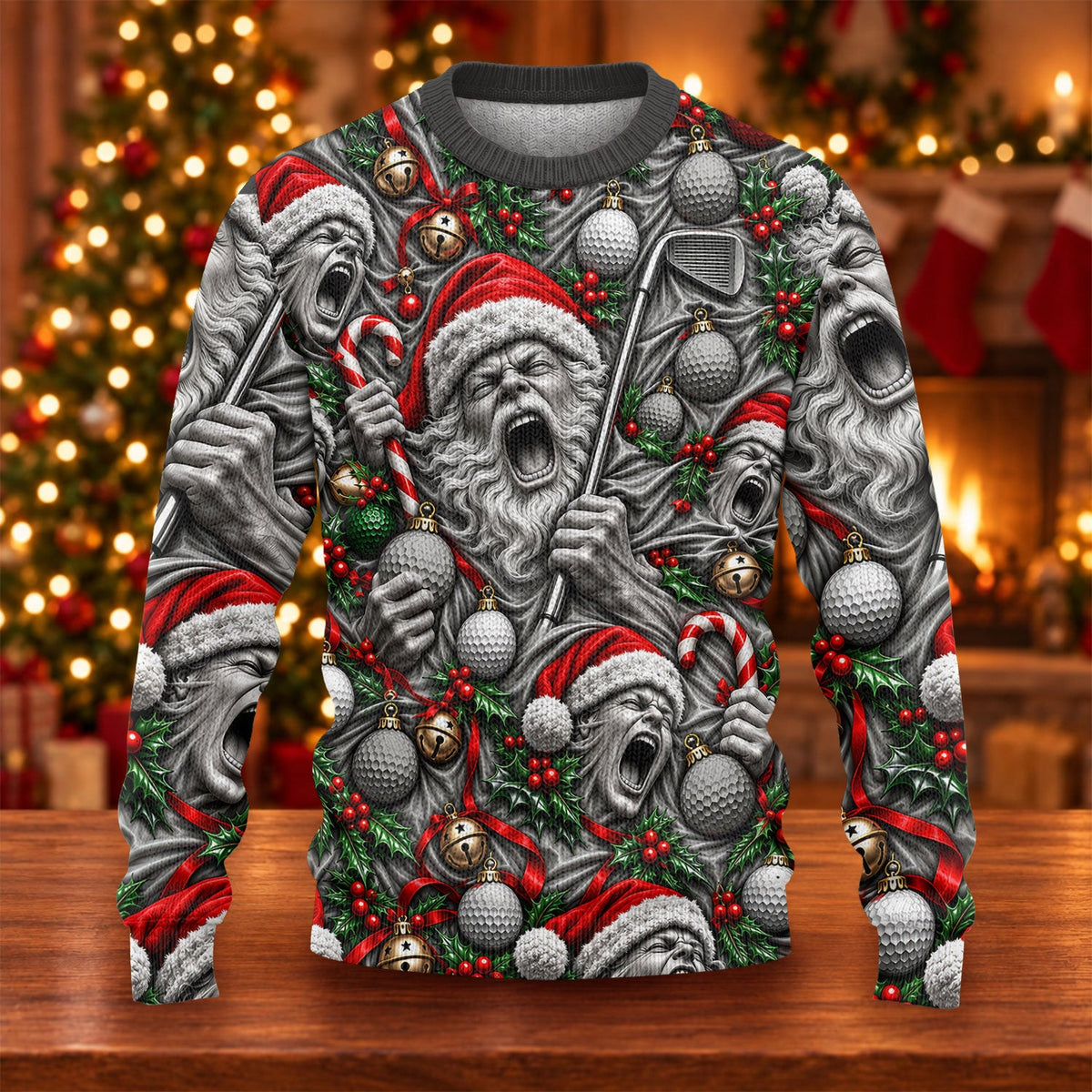 Screaming Santa Faces Golf Ugly Christmas Sweater, Funny Xmas Gift, Christmas Gifts
