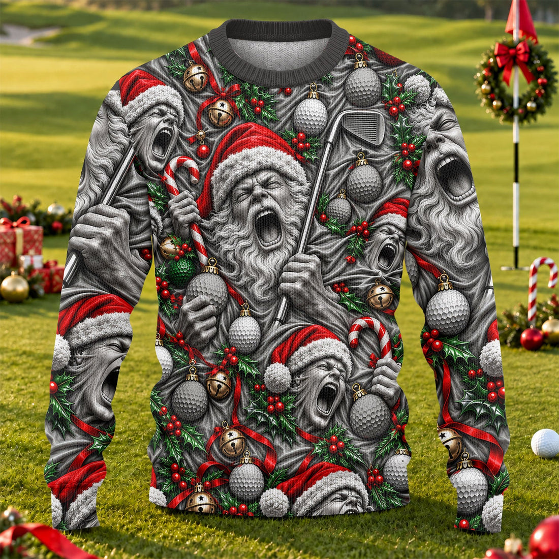 Screaming Santa Faces Golf Ugly Christmas Sweater, Funny Xmas Gift, Christmas Gifts