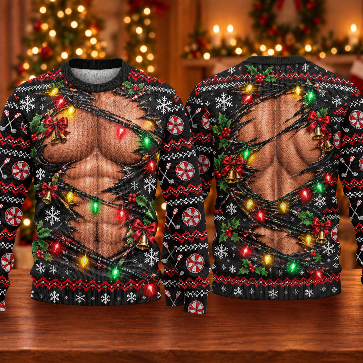 Ripped Muscle Abs Lights Ugly Christmas Sweater, Funny Xmas Gift, Christmas Golf Gift