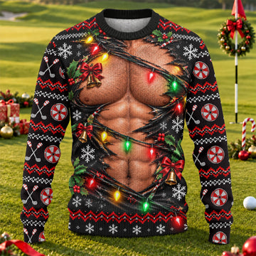 Ripped Muscle Abs Lights Ugly Christmas Sweater, Funny Xmas Gift, Christmas Golf Gift
