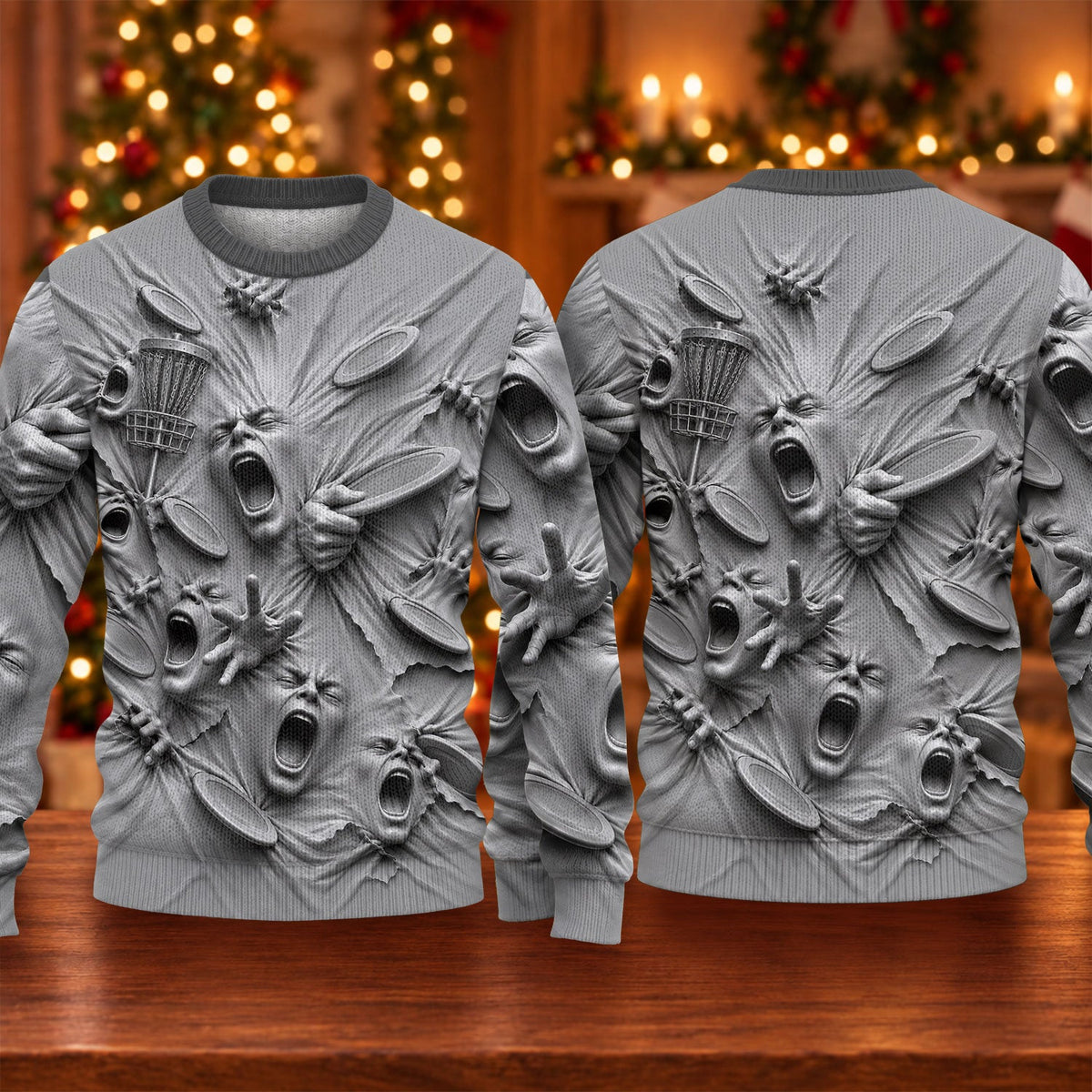 Screaming Faces Disc Golf Ugly Christmas Sweater, Ugly Sweater Party, Funny Xmas Gift
