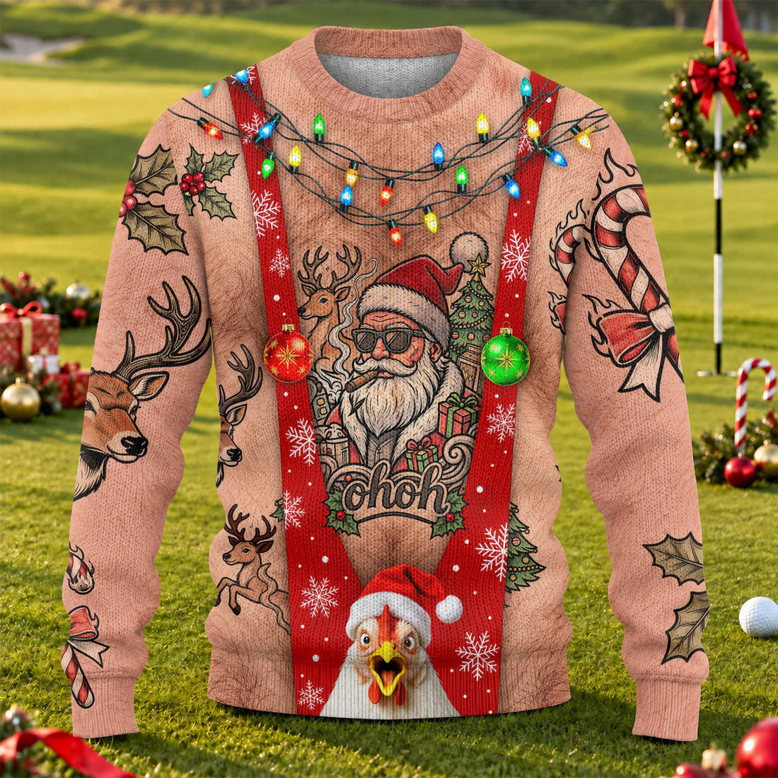 Santa Suspenders Tattoo Ugly Christmas Sweater, Golf Lover Gifts, Christmas Gifts