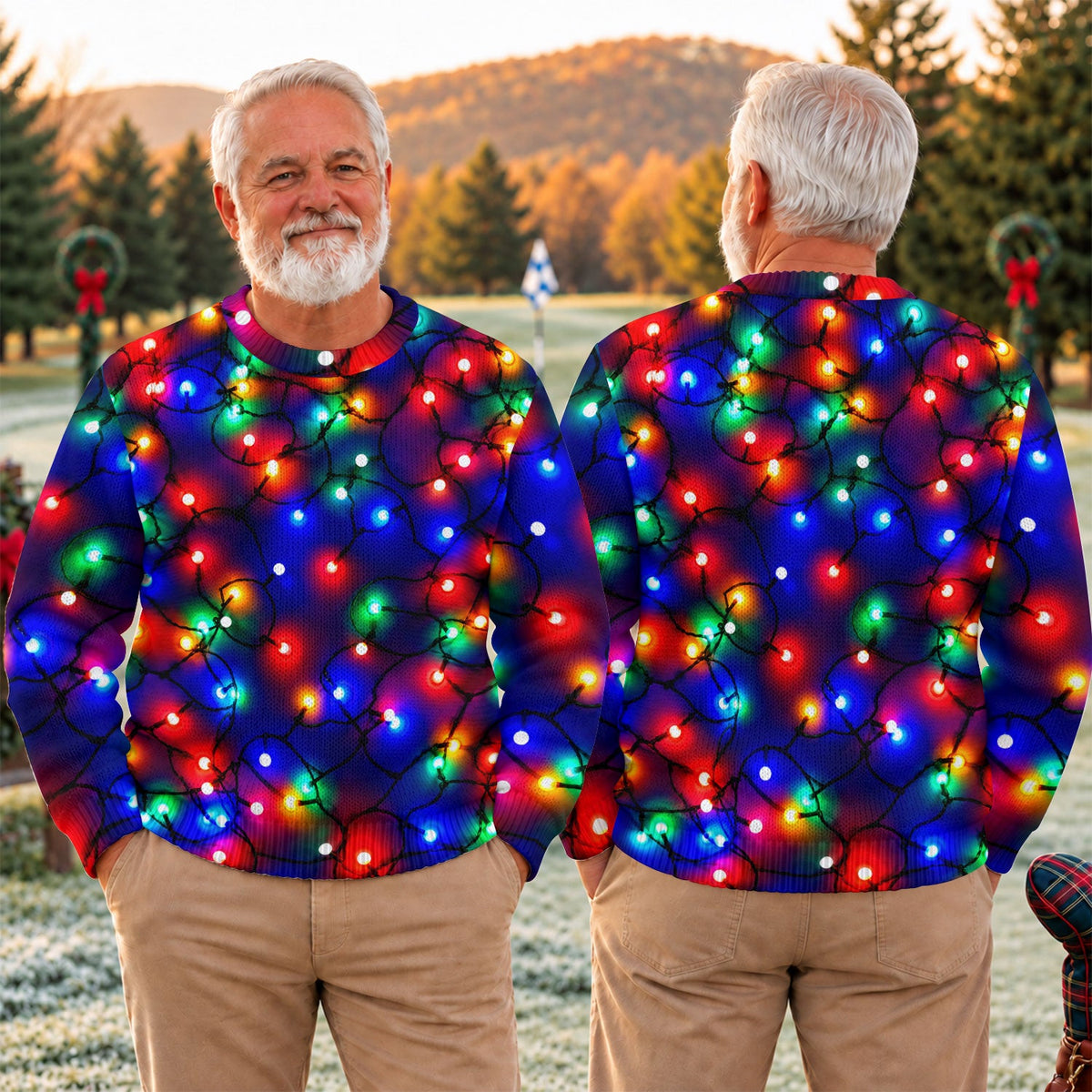 Colorful Bulb Lights Ugly Christmas Sweater, Golf Lover Gifts, Christmas Party Outfit