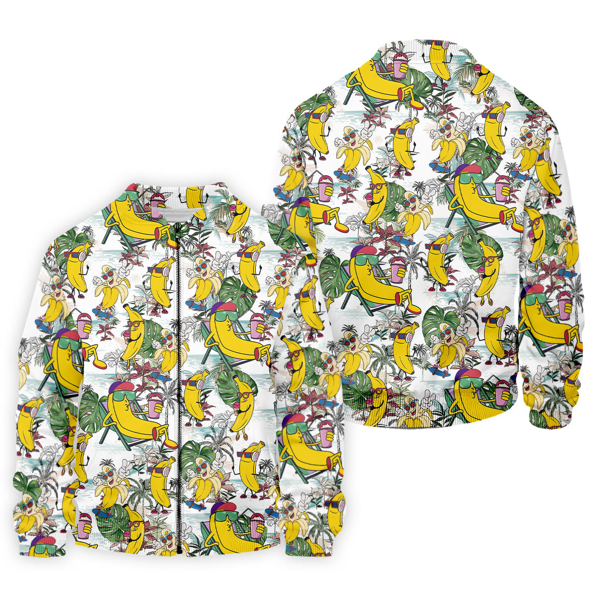 Cartoon Banana Characters On Tropical Island Hawaiian Golf Polo, Golf Tops For Men, Golfing Apparel