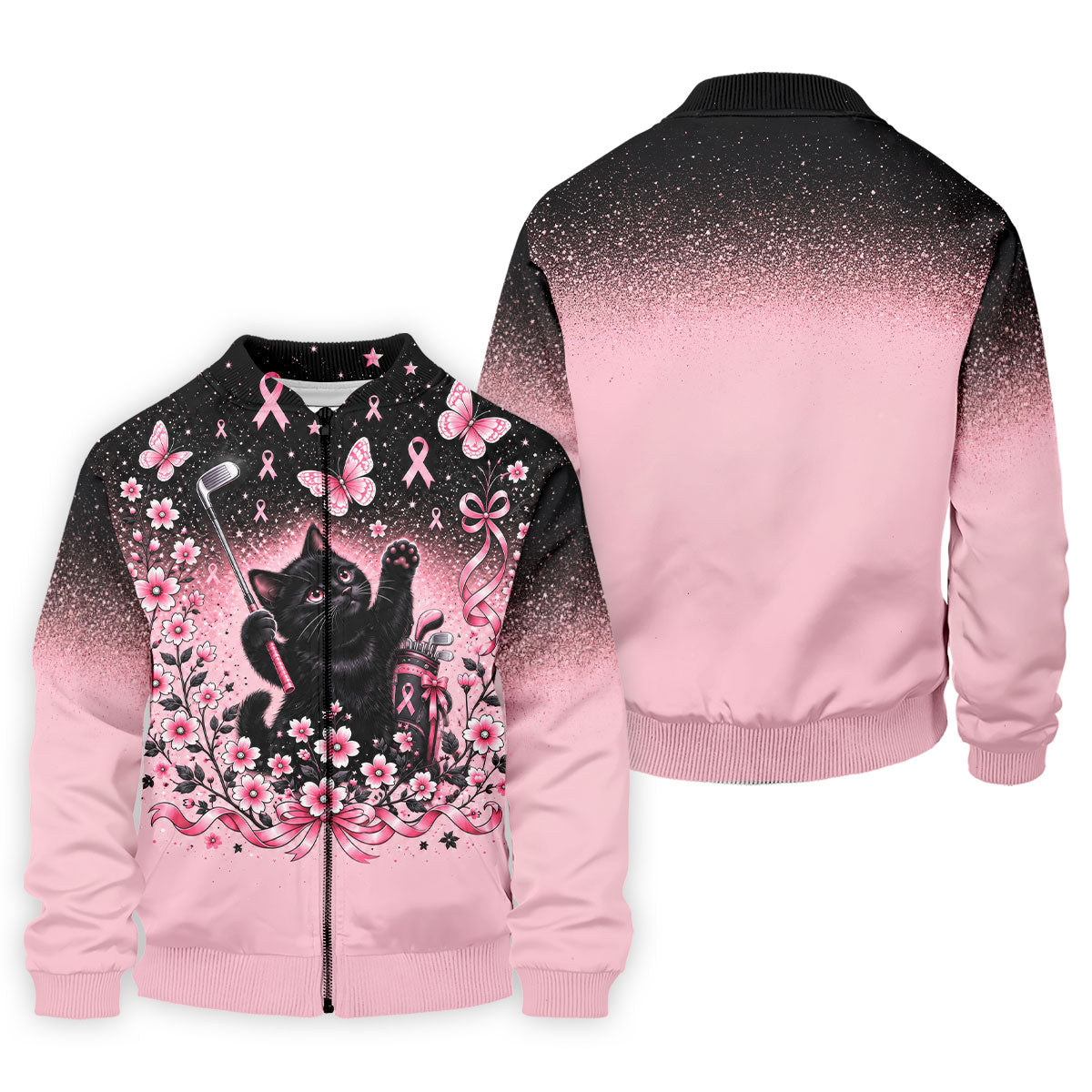 Black Cat Breast Cancer Ribbons Polo Shirt, Mens Golf Polo, Golf Apparel For Men