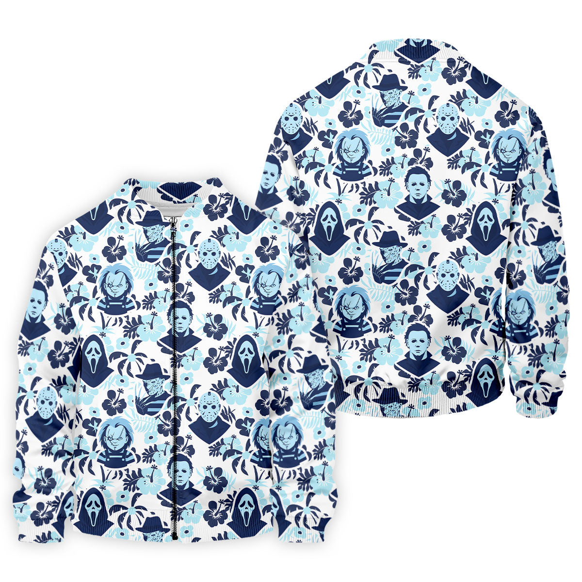 Blue Tropical Horror Character Halloween Golf Shirt, Mens Golf Apparel, Hawaiian Golf Shirt