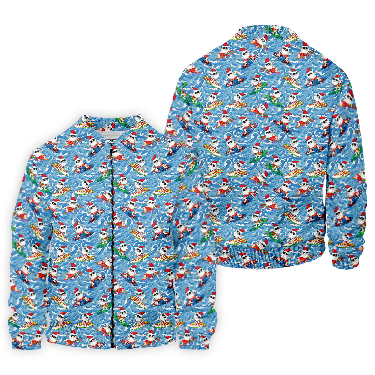 Surfing Santa Christmas Ocean Pattern Polo Shirt, Mens Golf Polo, Christmas Golf Shirt