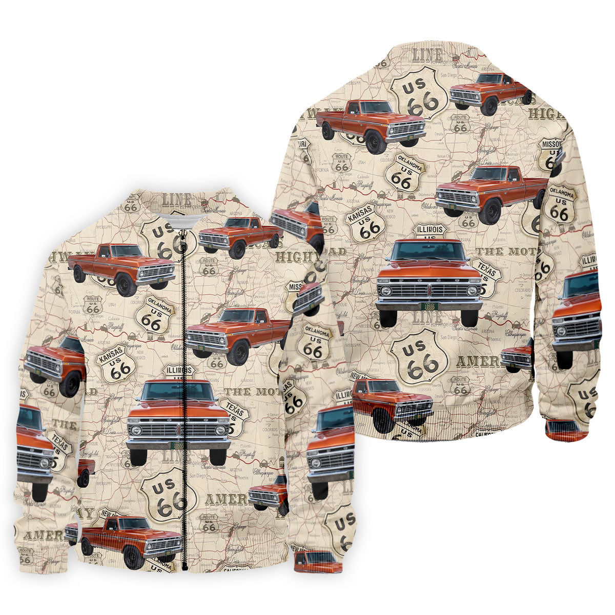 Custom Photo Truck Golf Shirt, Vintage Pickup Route 66 Map Pattern, Golf Shirt For Men