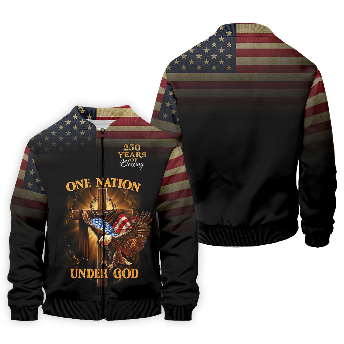 One Nation Under God 250 Years Faith Cross Golf Tops For Men, Patriotic US Flag Father's Day Golf Shirt