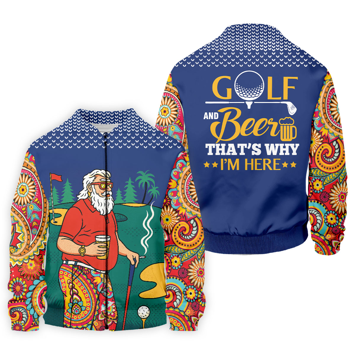 Funny Bearded Golfer With Beer And Paisley Sleeves Golf Polo, Golf Shirts For Men, Hawaiian Golf Shirt