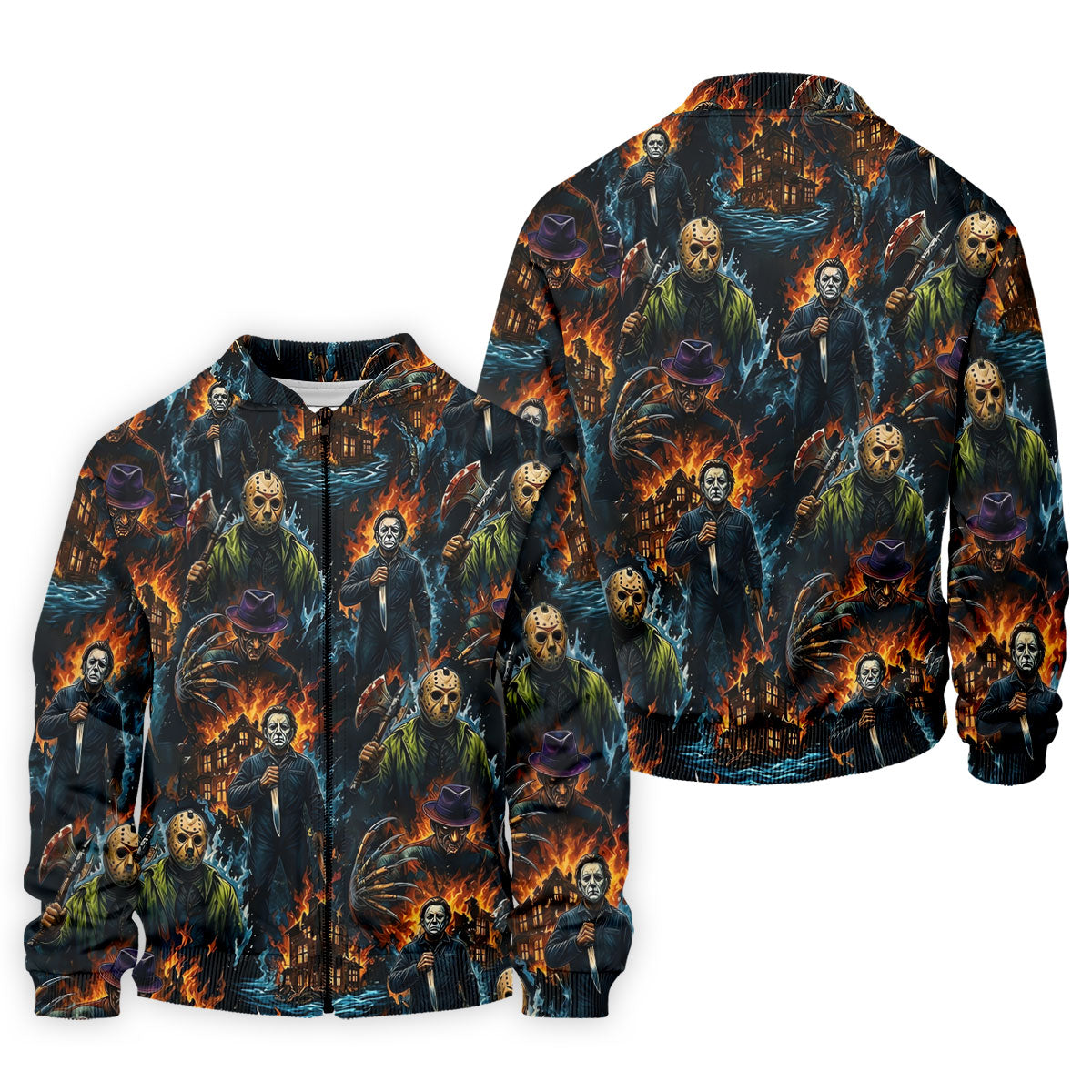 Horror Character Fire Collage Halloween Polo Shirt, Mens Golf Shirts, Mens Polo Shirts