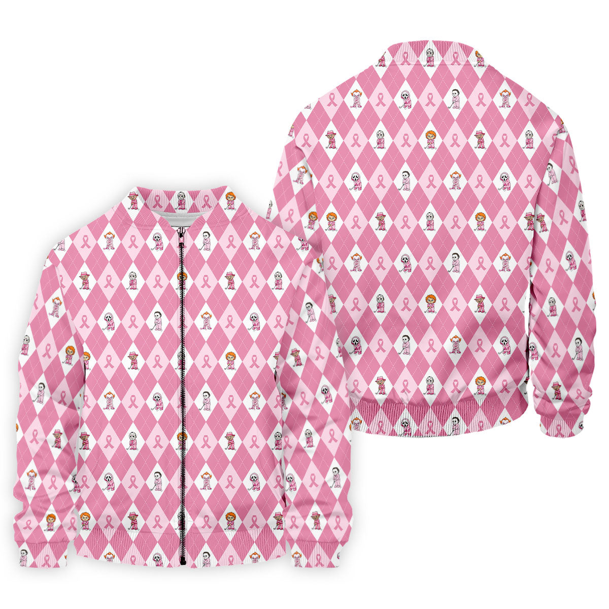 Pink Argyle Horror Character Breast Cancer Polo Shirt, Golf Shirts For Men, Mens Golf Shirts