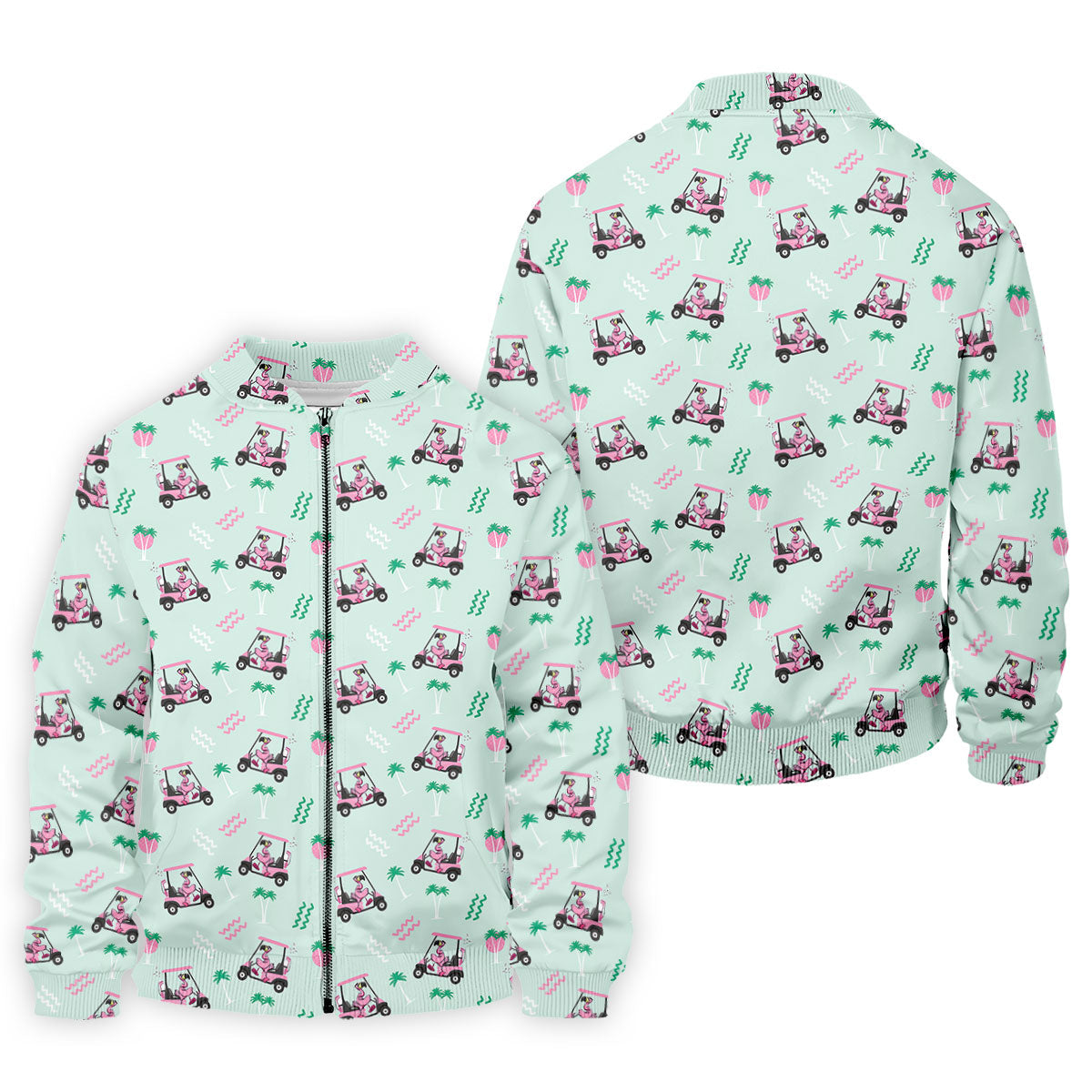 Funny Flamingo Golf Cart Tropical Pattern Polo Shirt, Mens Golf Polo, Golf Apparel For Men